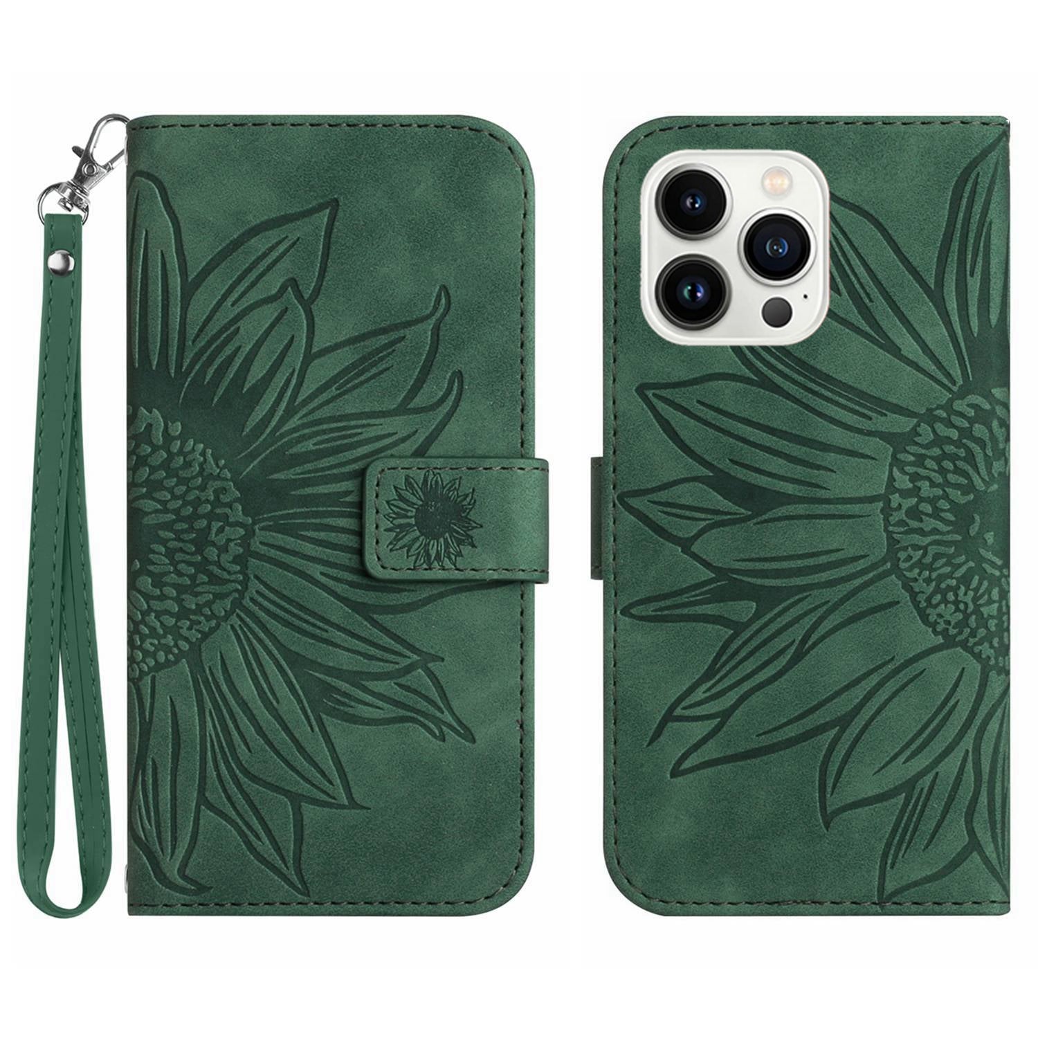 HT04 For iPhone 16 Pro Case Sunflower Imprint Leather Flip Phone Cover with Hand Strap - Dark Green