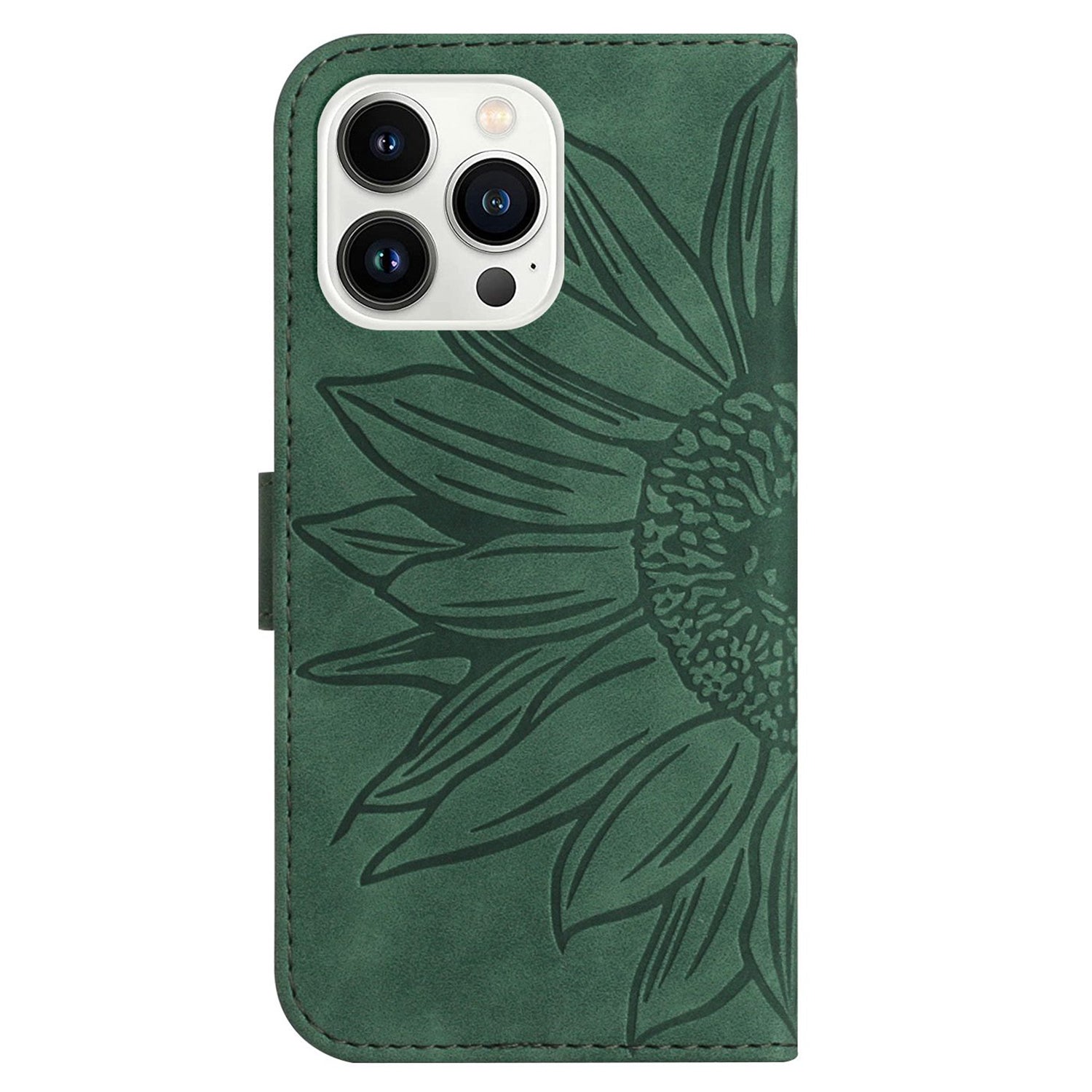 HT04 For iPhone 16 Pro Case Sunflower Imprint Leather Flip Phone Cover with Hand Strap - Dark Green