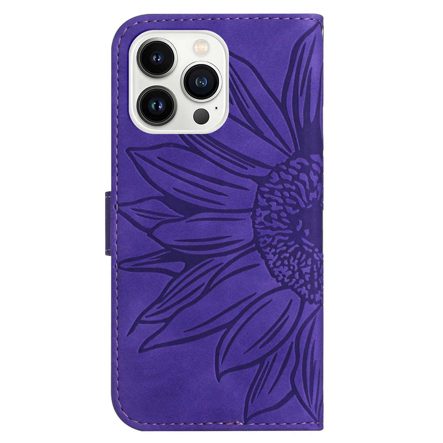 HT04 For iPhone 16 Pro Case Sunflower Imprint Leather Flip Phone Cover with Hand Strap - Dark Purple