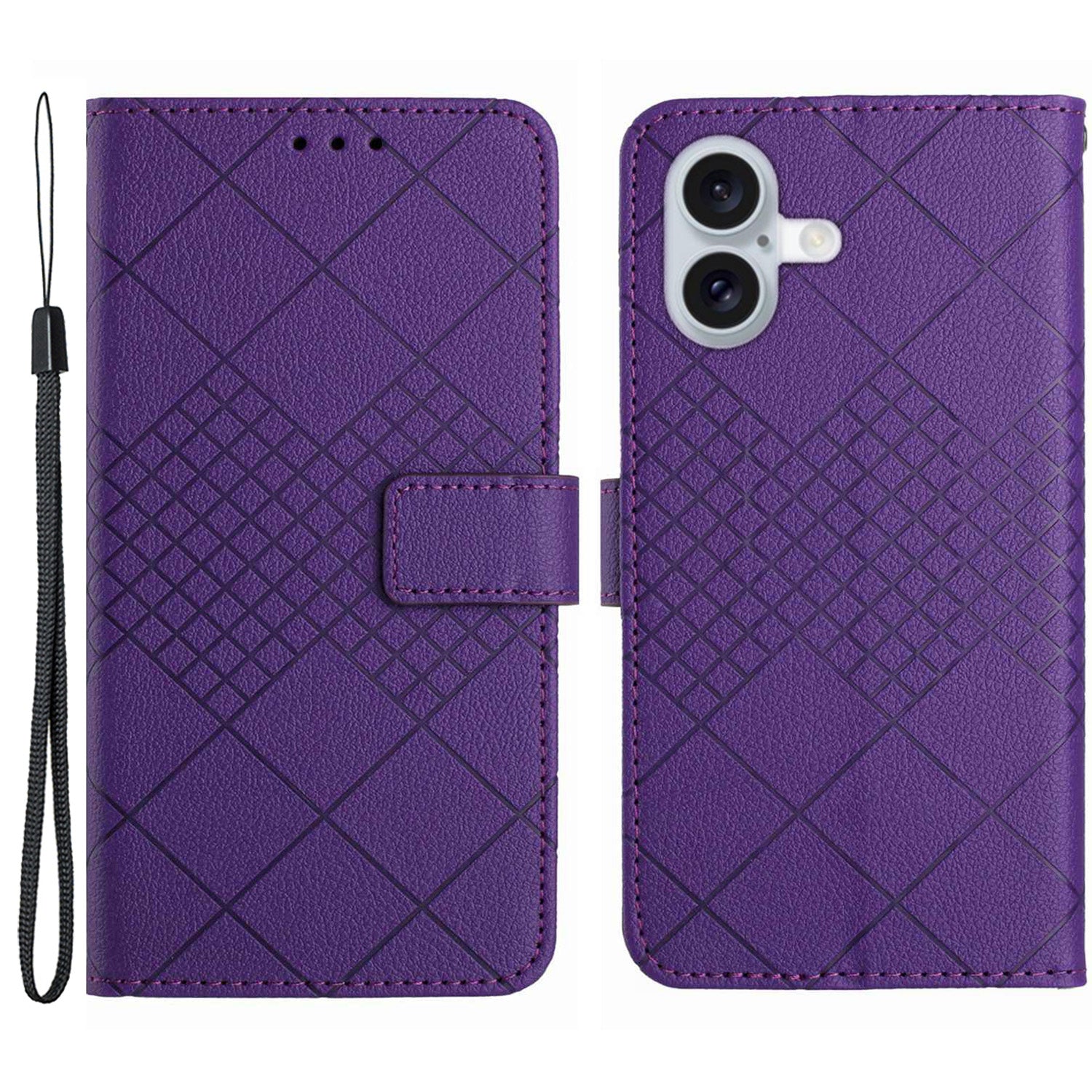 HT06 For iPhone 16 Plus Wallet Case Litchi Texture Rhombus Leather Phone Cover - Dark Purple