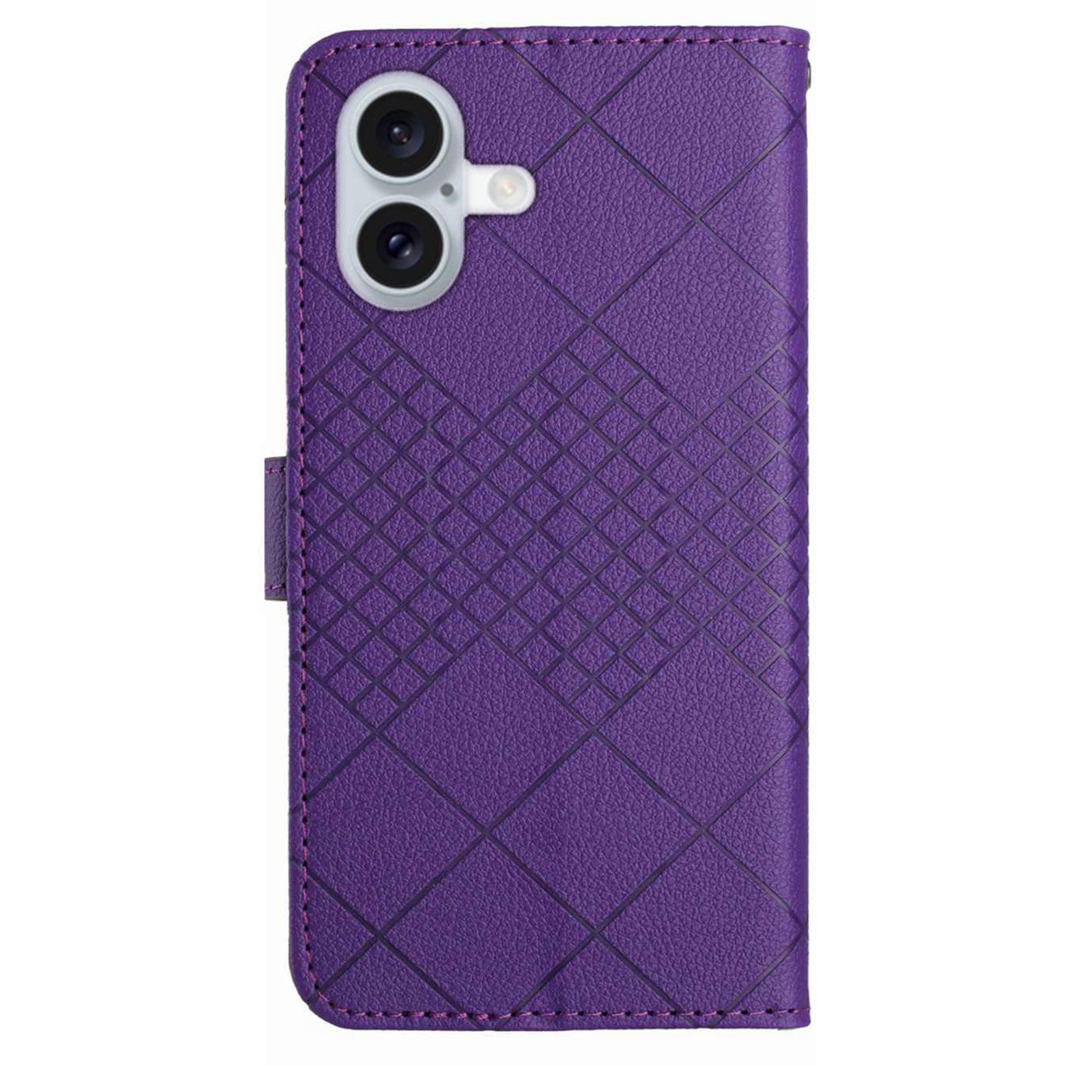 HT06 For iPhone 16 Plus Wallet Case Litchi Texture Rhombus Leather Phone Cover - Dark Purple