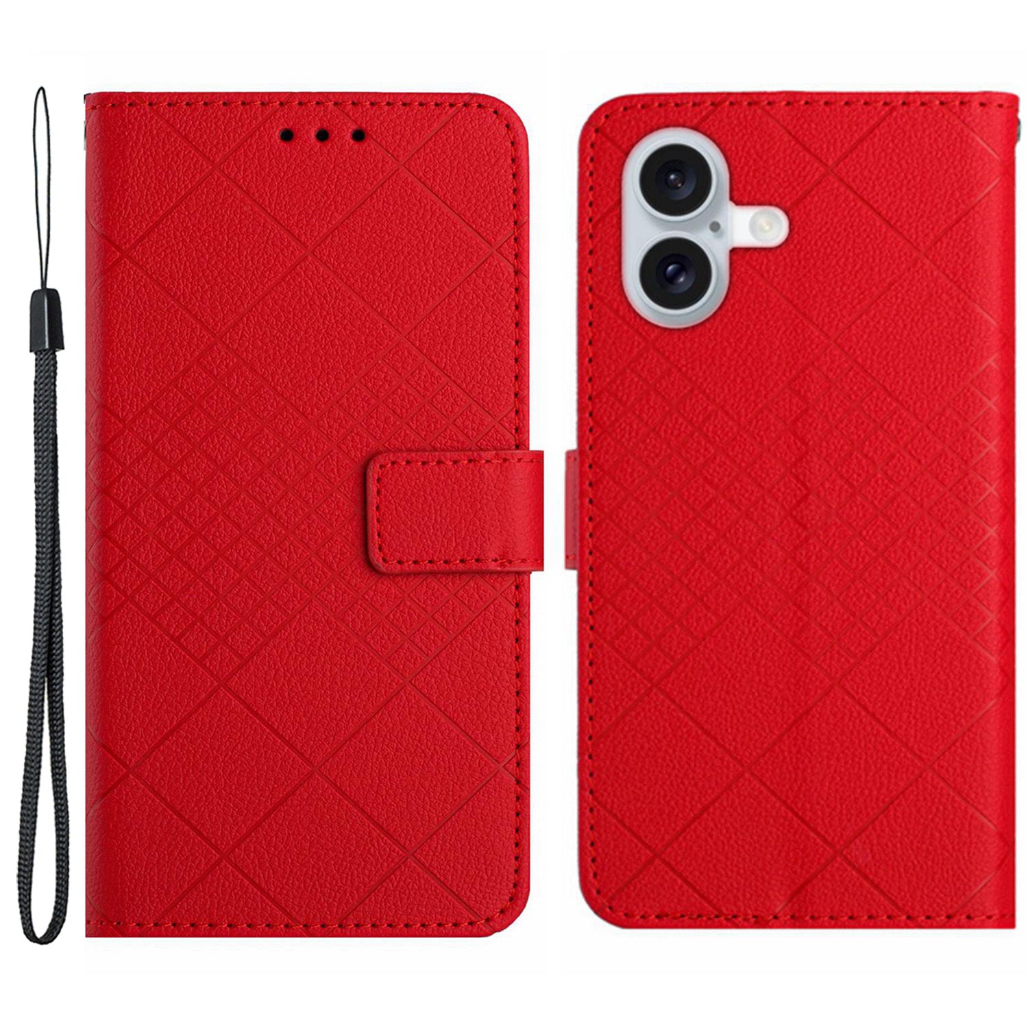 HT06 For iPhone 16 Plus Wallet Case Litchi Texture Rhombus Leather Phone Cover - Red