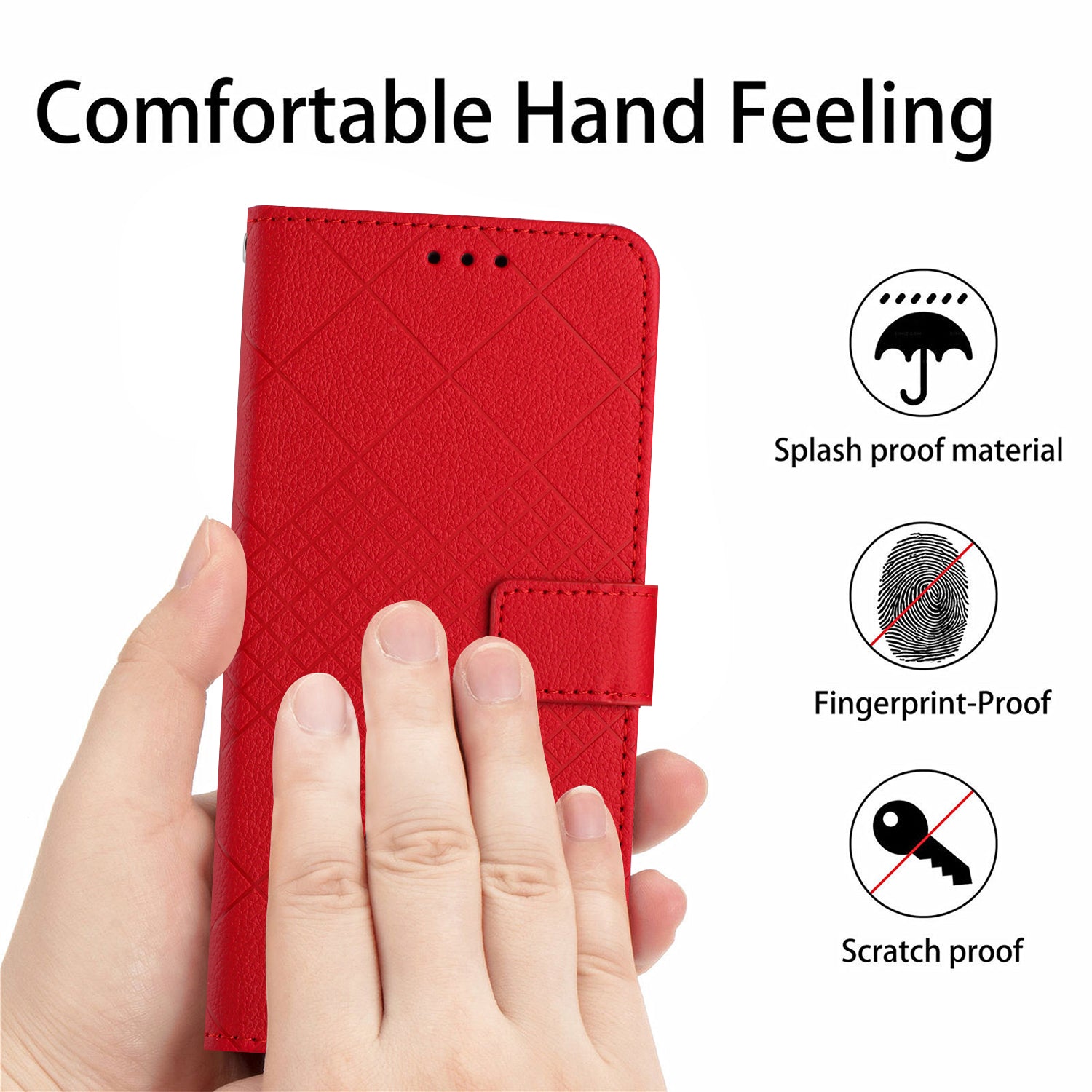 HT06 For iPhone 16 Plus Wallet Case Litchi Texture Rhombus Leather Phone Cover - Red