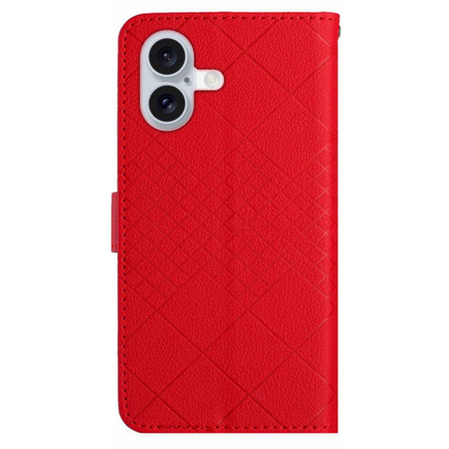 HT06 For iPhone 16 Plus Wallet Case Litchi Texture Rhombus Leather Phone Cover - Red