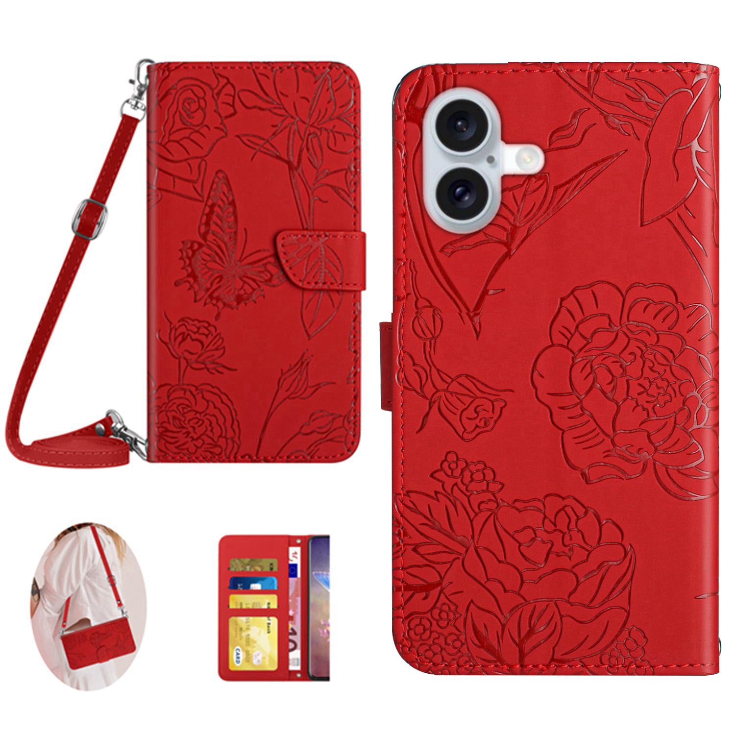 HT03 For iPhone 16 Plus Case Butterfly Flowers Leather Flip Phone Cover Crossbody String - Red