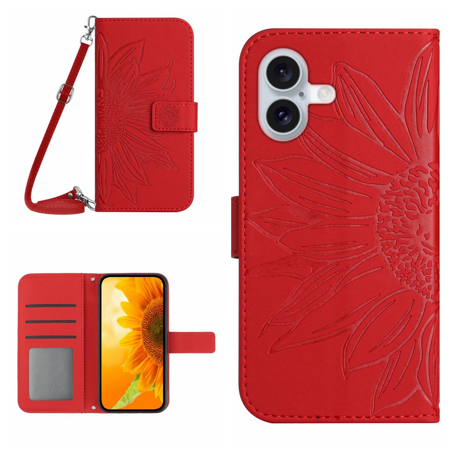 HT04 For iPhone 16 Plus Case with Shoulder Strap Leather Phone Cover Sunflower Pattern - Red