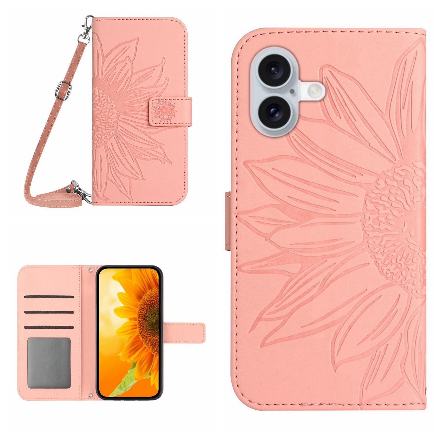 HT04 For iPhone 16 Plus Case with Shoulder Strap Leather Phone Cover Sunflower Pattern - Light Pink