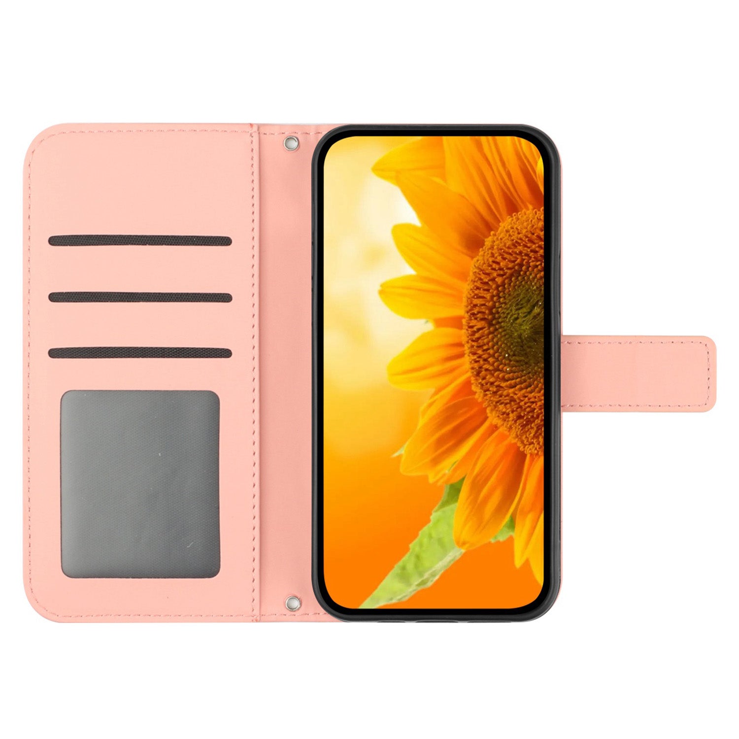 HT04 For iPhone 16 Plus Case with Shoulder Strap Leather Phone Cover Sunflower Pattern - Light Pink