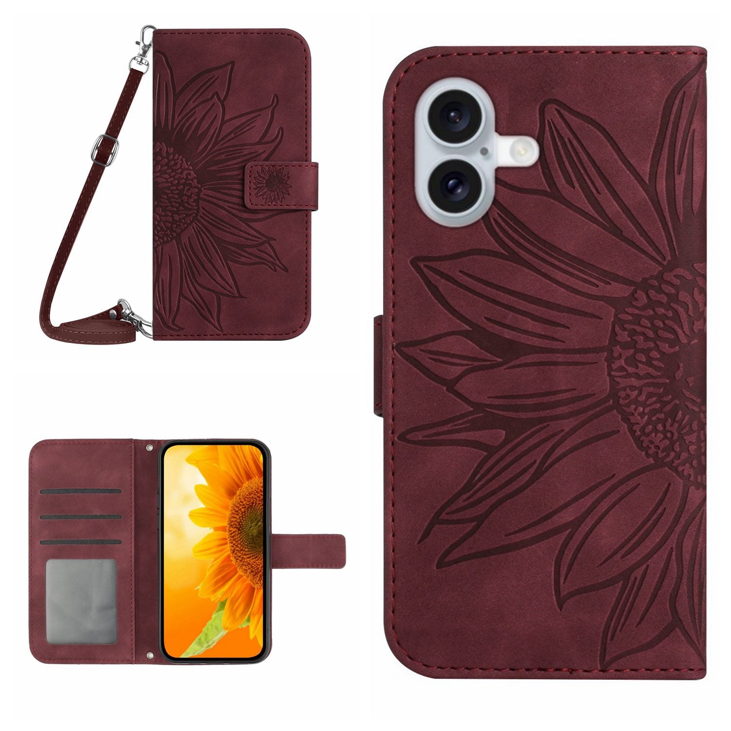 HT04 For iPhone 16 Plus Case with Shoulder Strap Leather Phone Cover Sunflower Pattern - Wine Red