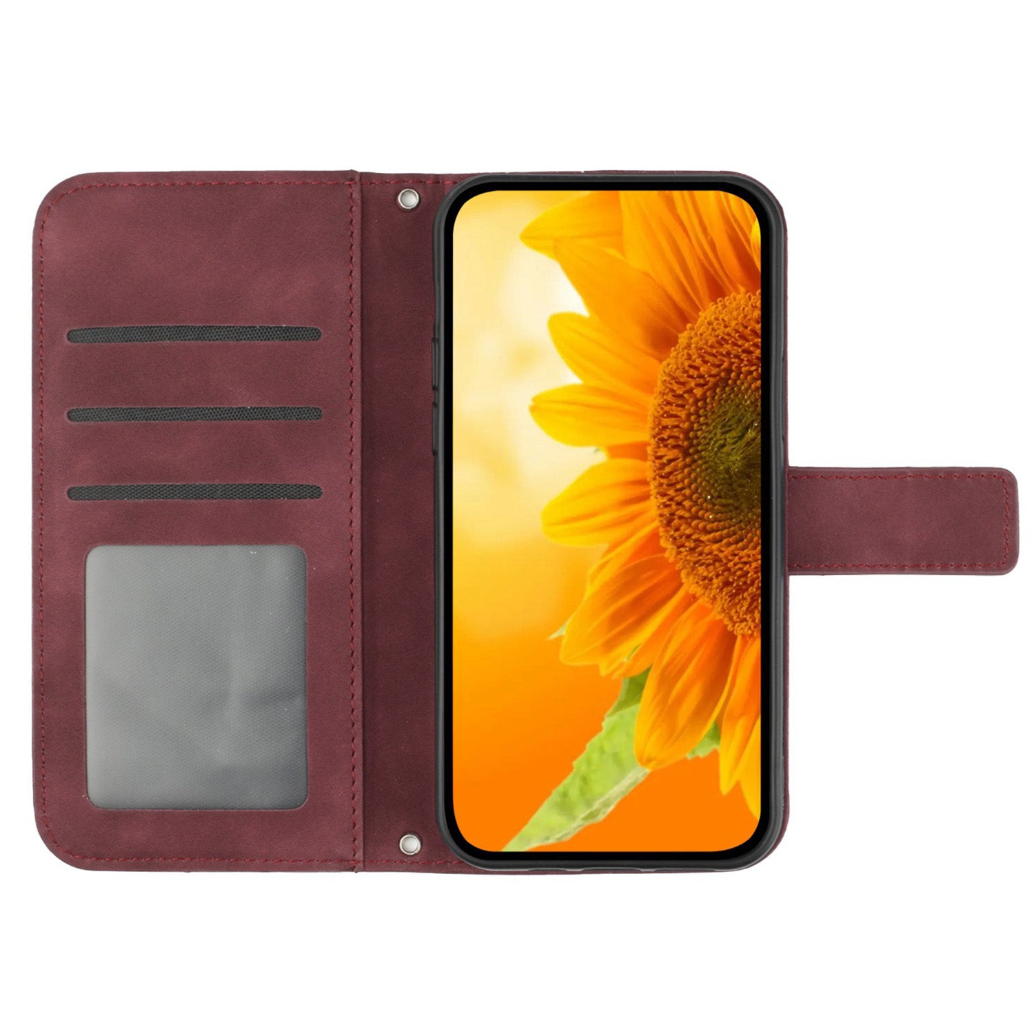 HT04 For iPhone 16 Plus Case with Shoulder Strap Leather Phone Cover Sunflower Pattern - Wine Red