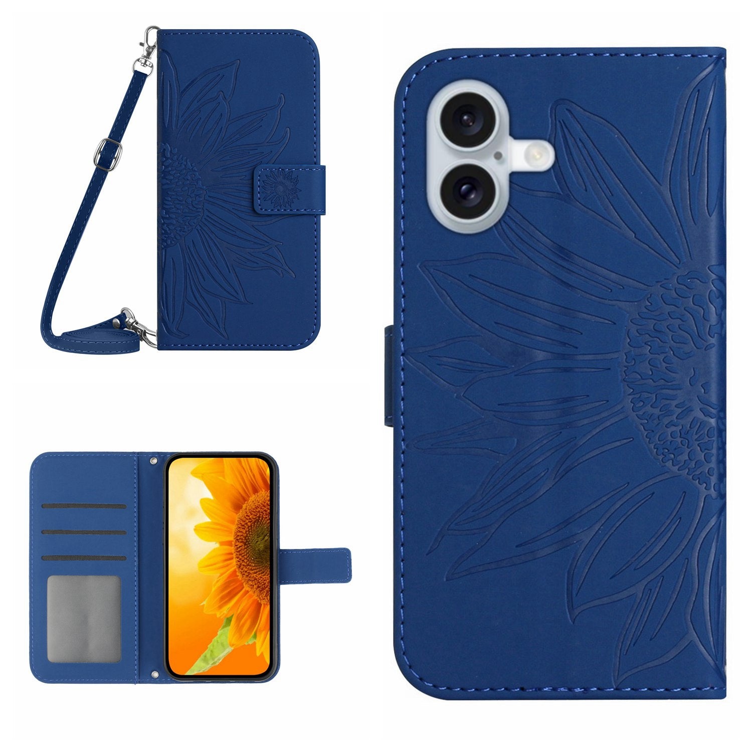 HT04 For iPhone 16 Plus Case with Shoulder Strap Leather Phone Cover Sunflower Pattern - Sapphire