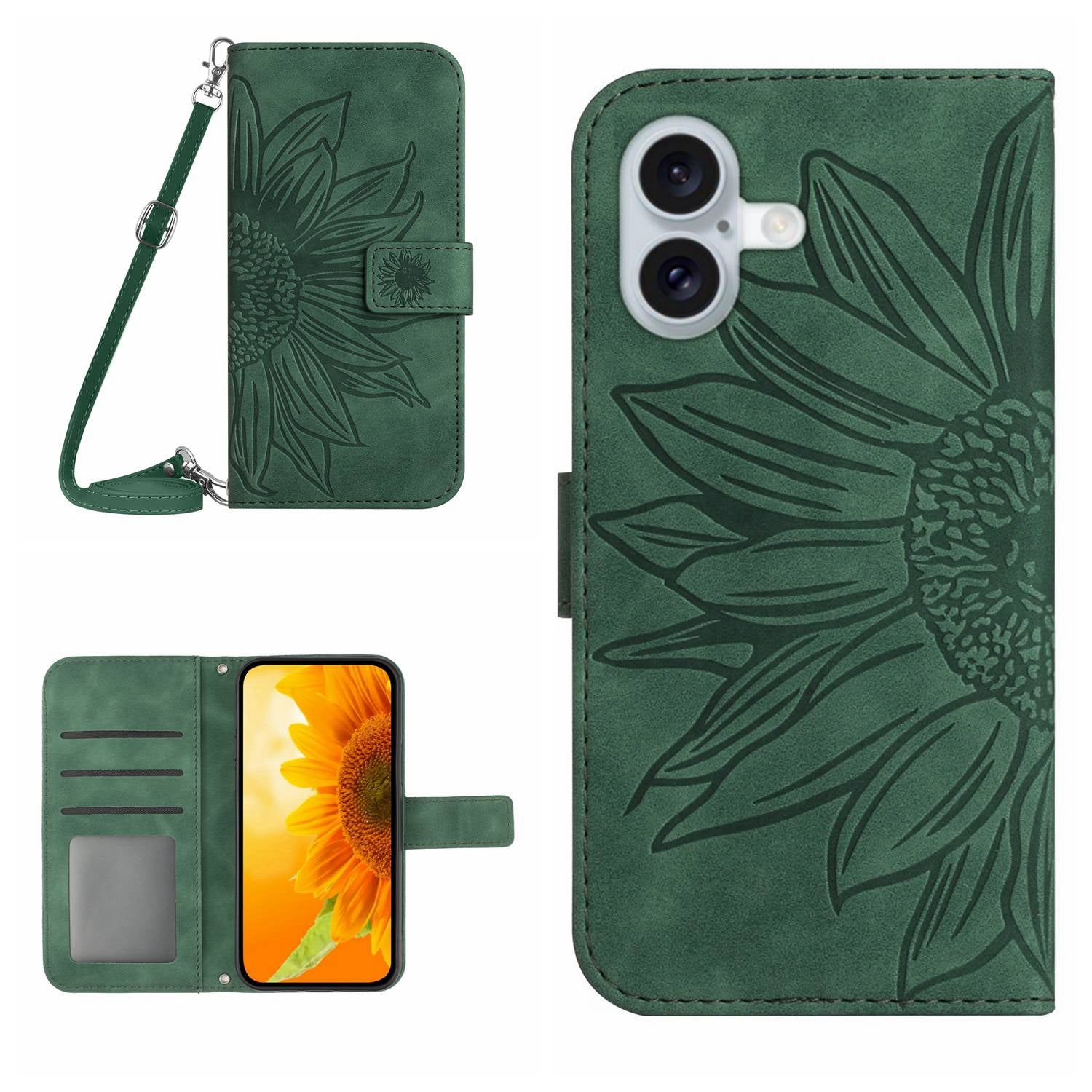 HT04 For iPhone 16 Plus Case with Shoulder Strap Leather Phone Cover Sunflower Pattern - Dark Green