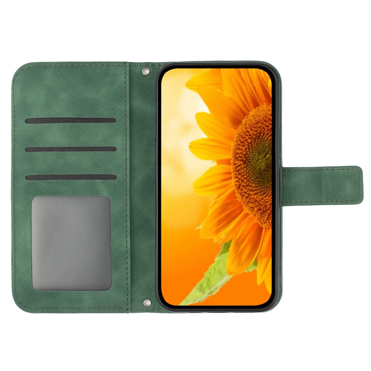 HT04 For iPhone 16 Plus Case with Shoulder Strap Leather Phone Cover Sunflower Pattern - Dark Green