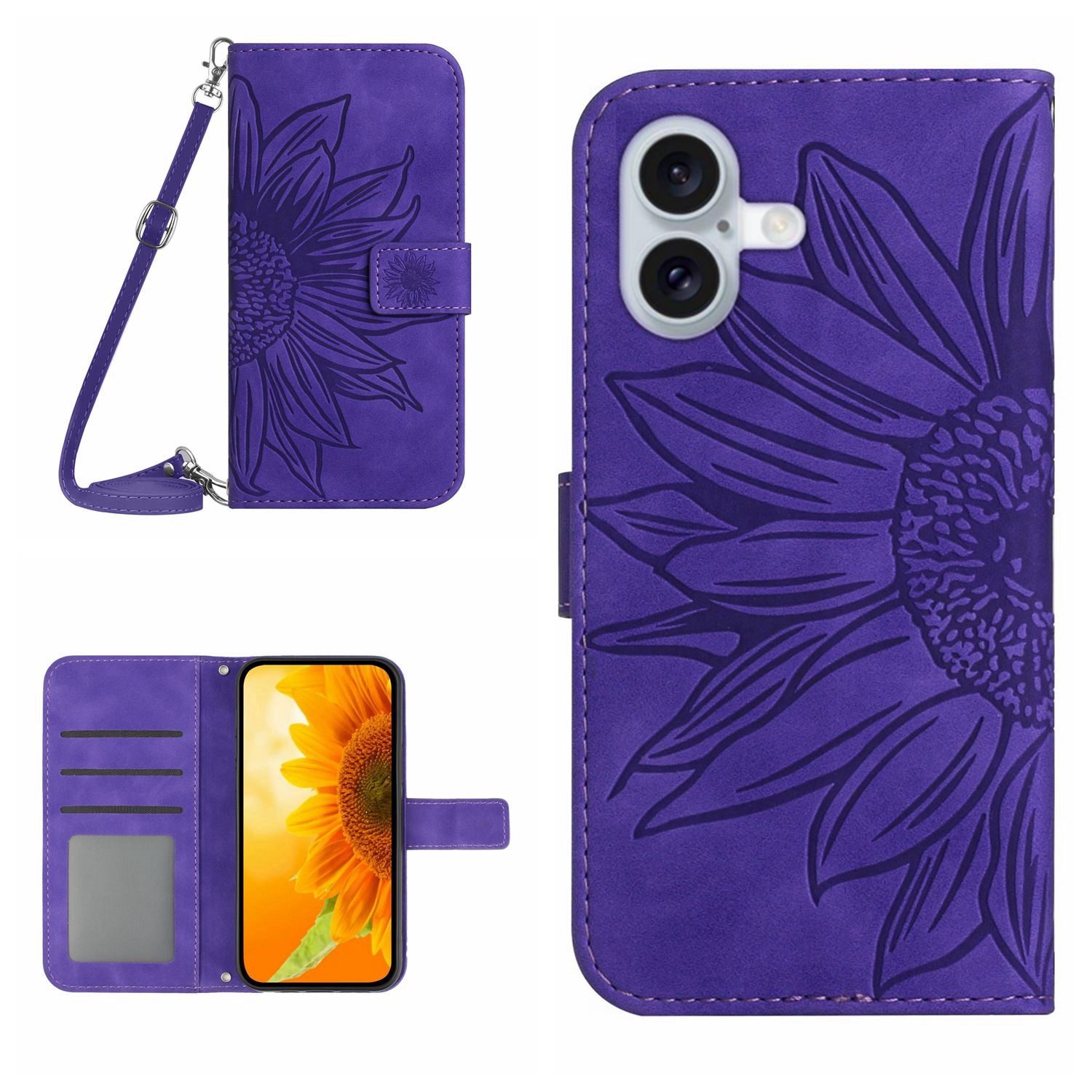 HT04 For iPhone 16 Plus Case with Shoulder Strap Leather Phone Cover Sunflower Pattern - Dark Purple