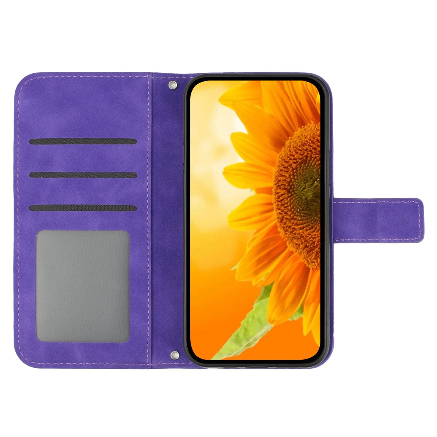 HT04 For iPhone 16 Plus Case with Shoulder Strap Leather Phone Cover Sunflower Pattern - Dark Purple