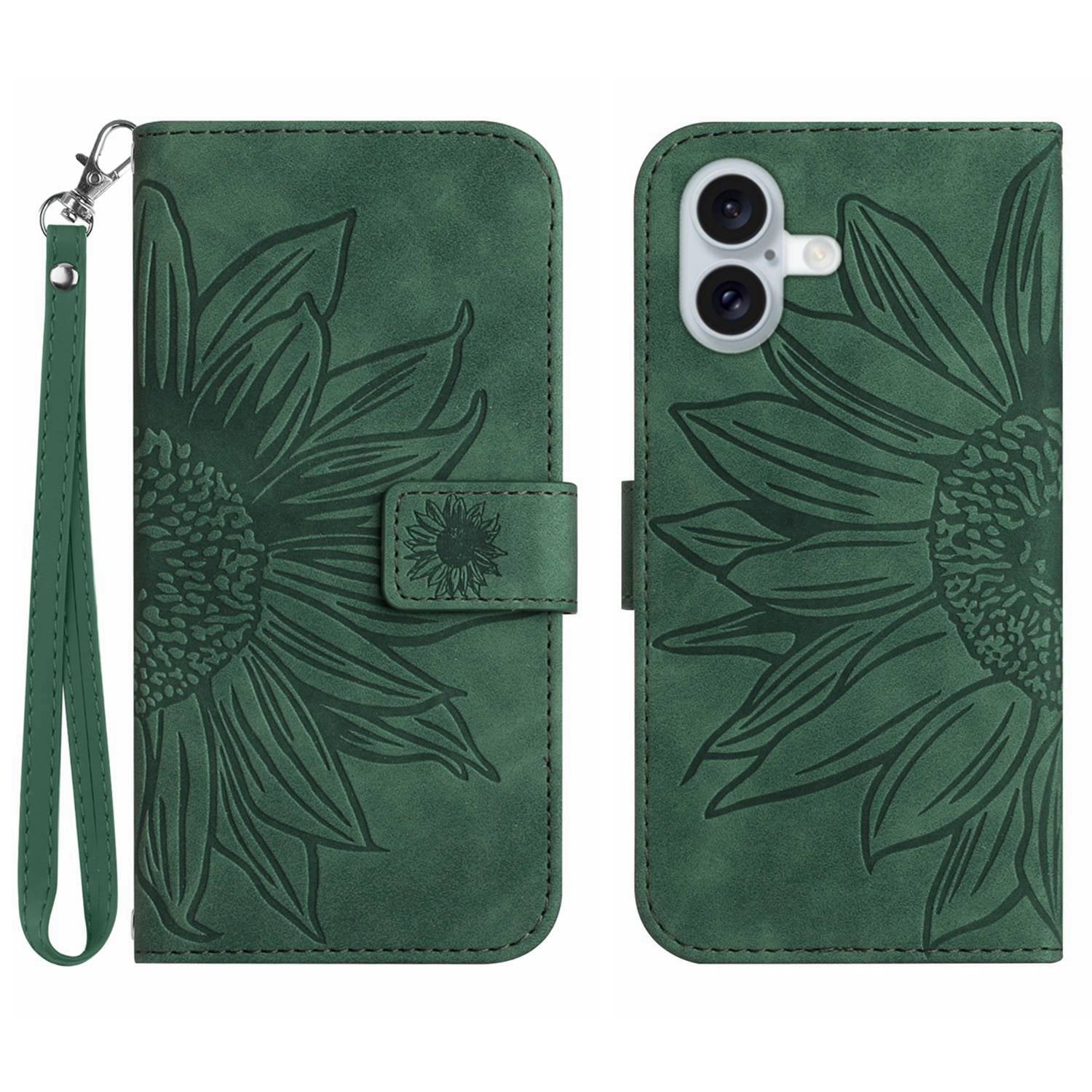 HT04 For iPhone 16 Plus Wallet Case Sunflower Leather Flip Phone Cover with Hand Strap - Dark Green