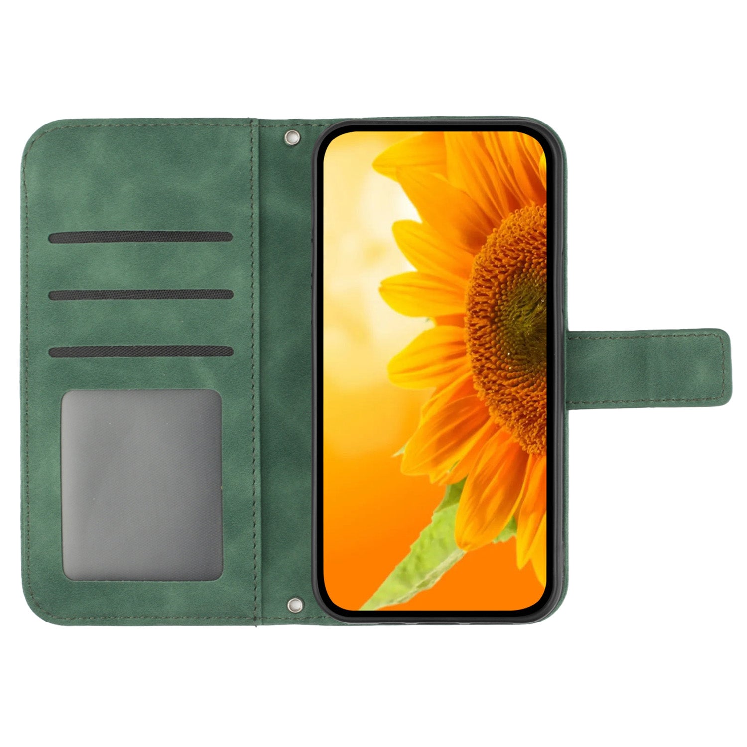 HT04 For iPhone 16 Plus Wallet Case Sunflower Leather Flip Phone Cover with Hand Strap - Dark Green