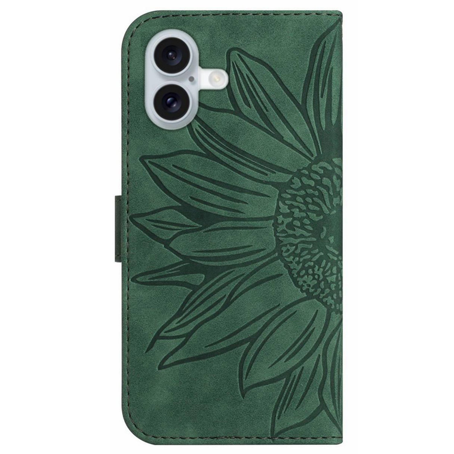 HT04 For iPhone 16 Plus Wallet Case Sunflower Leather Flip Phone Cover with Hand Strap - Dark Green