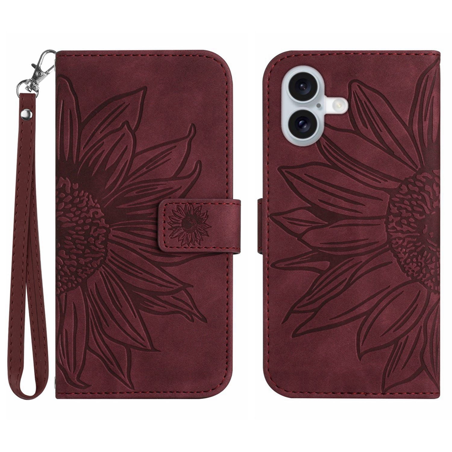 HT04 For iPhone 16 Plus Wallet Case Sunflower Leather Flip Phone Cover with Hand Strap - Wine Red