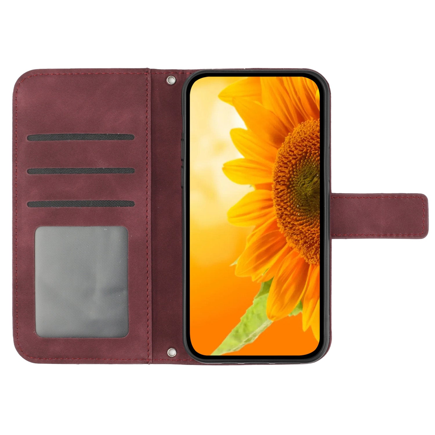 HT04 For iPhone 16 Plus Wallet Case Sunflower Leather Flip Phone Cover with Hand Strap - Wine Red