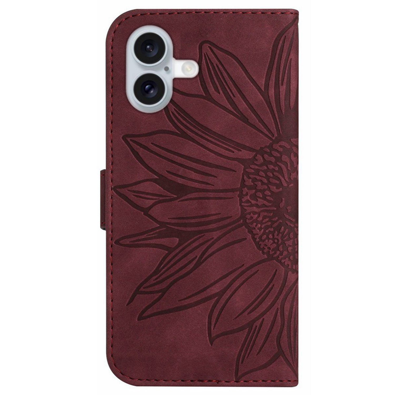 HT04 For iPhone 16 Plus Wallet Case Sunflower Leather Flip Phone Cover with Hand Strap - Wine Red