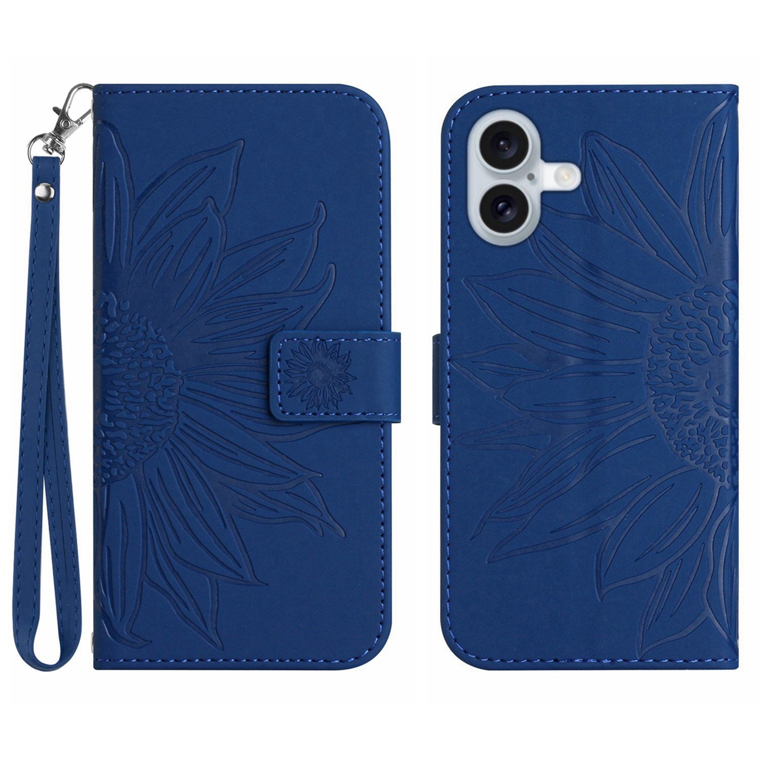 HT04 For iPhone 16 Plus Wallet Case Sunflower Leather Flip Phone Cover with Hand Strap - Sapphire