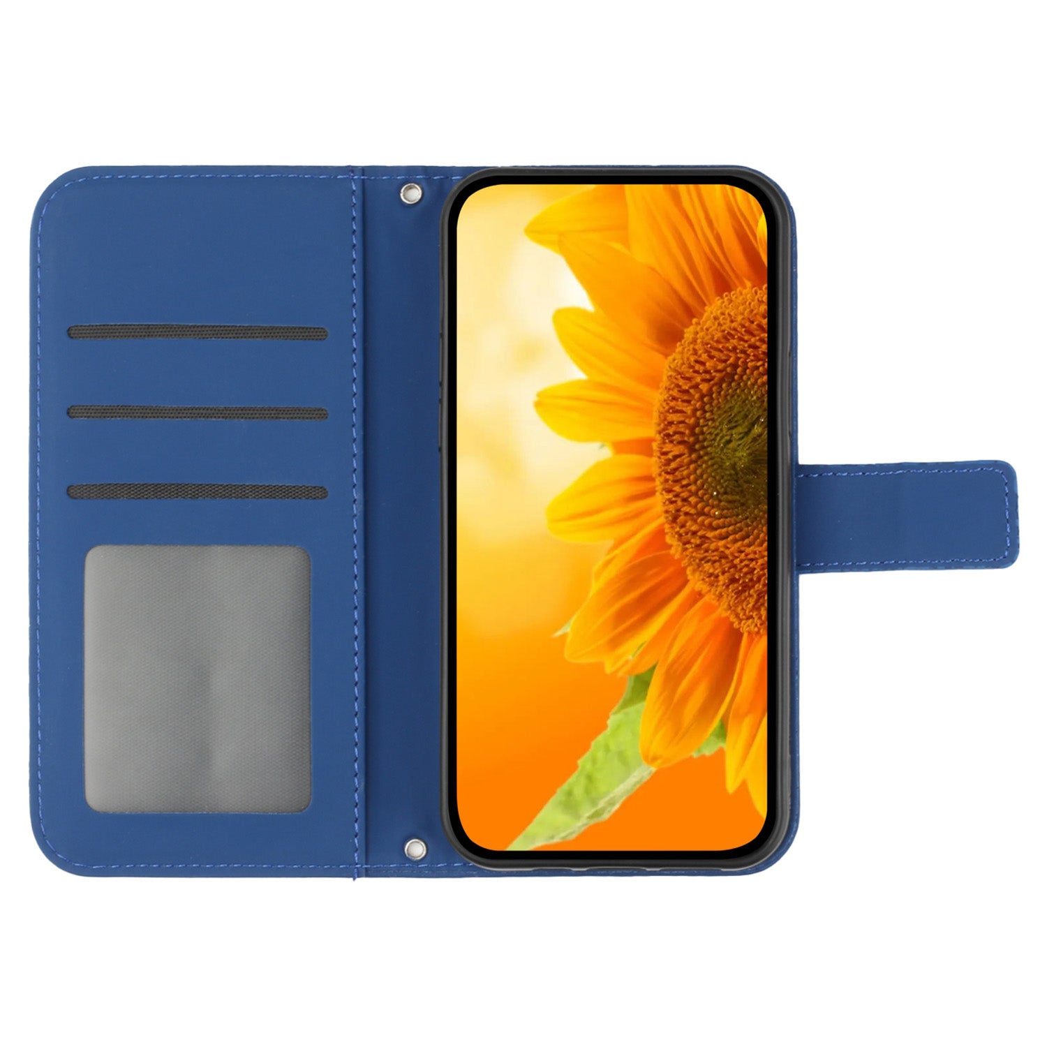 HT04 For iPhone 16 Plus Wallet Case Sunflower Leather Flip Phone Cover with Hand Strap - Sapphire