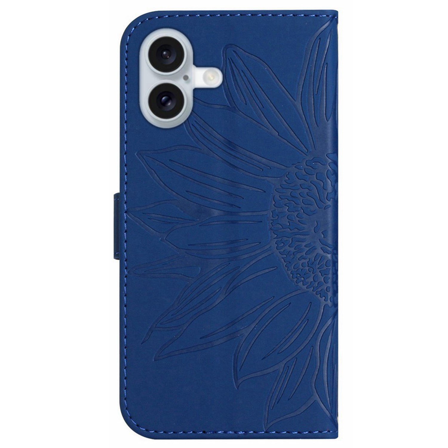 HT04 For iPhone 16 Plus Wallet Case Sunflower Leather Flip Phone Cover with Hand Strap - Sapphire