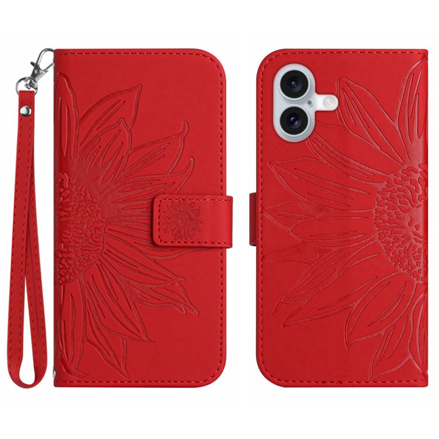 HT04 For iPhone 16 Plus Wallet Case Sunflower Leather Flip Phone Cover with Hand Strap - Red