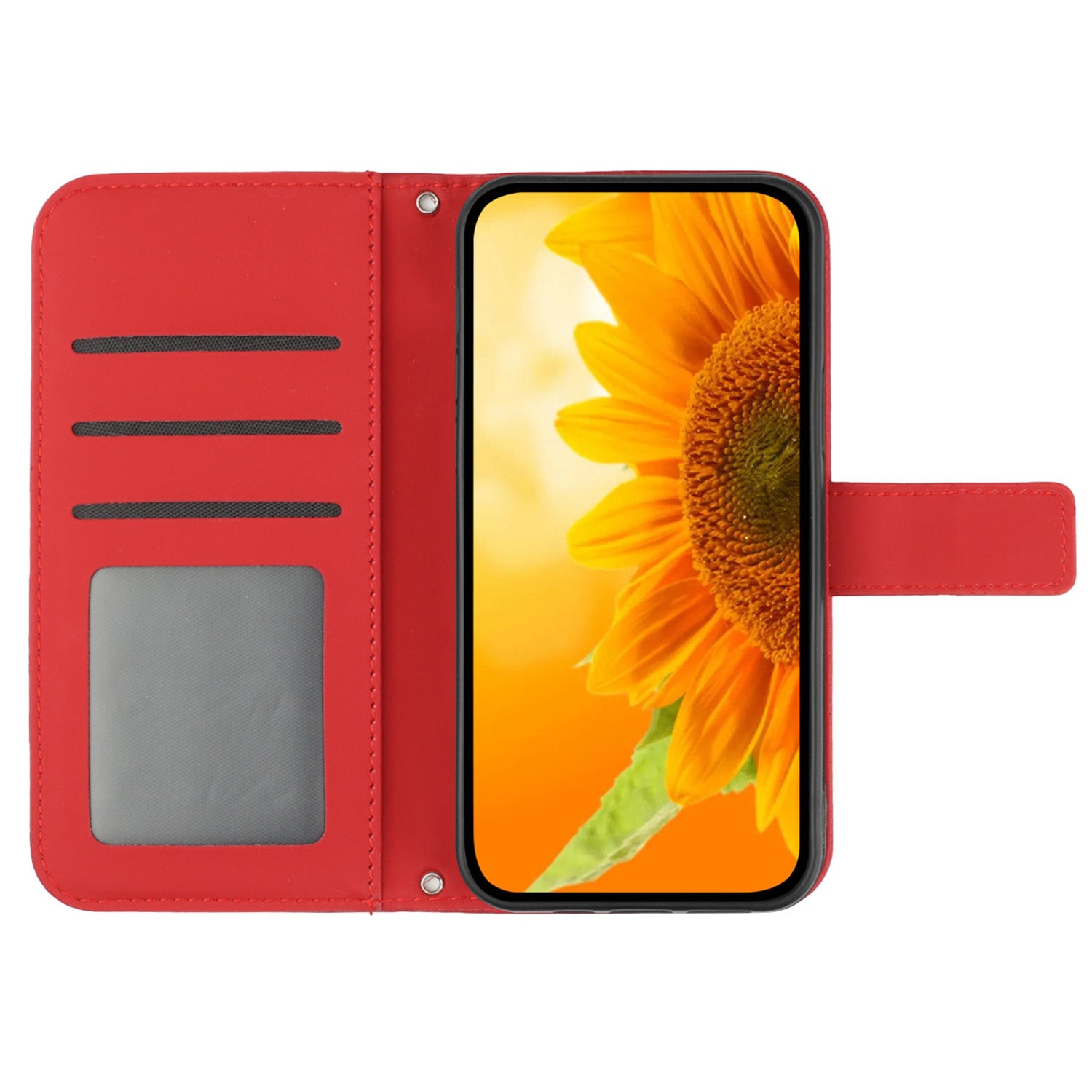 HT04 For iPhone 16 Plus Wallet Case Sunflower Leather Flip Phone Cover with Hand Strap - Red