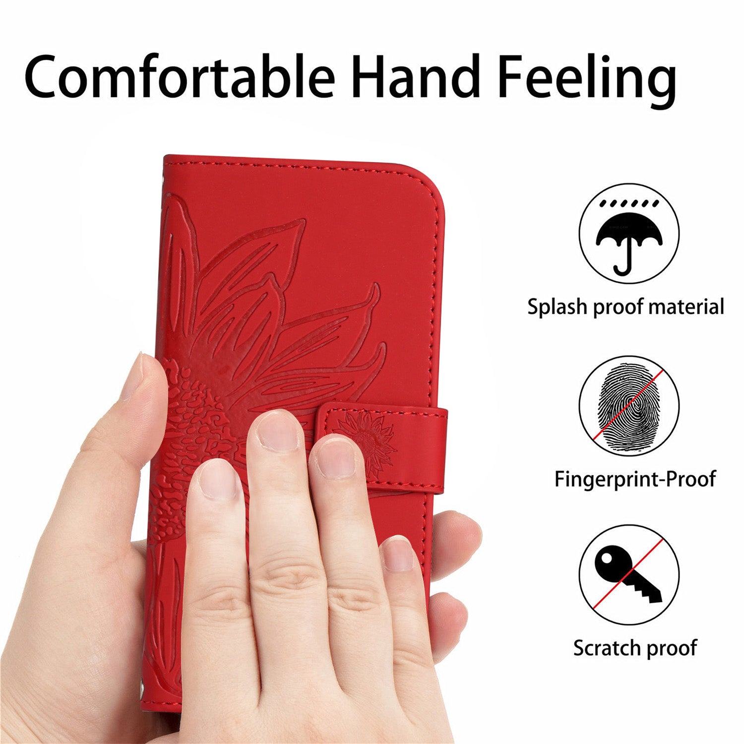 HT04 For iPhone 16 Plus Wallet Case Sunflower Leather Flip Phone Cover with Hand Strap - Red