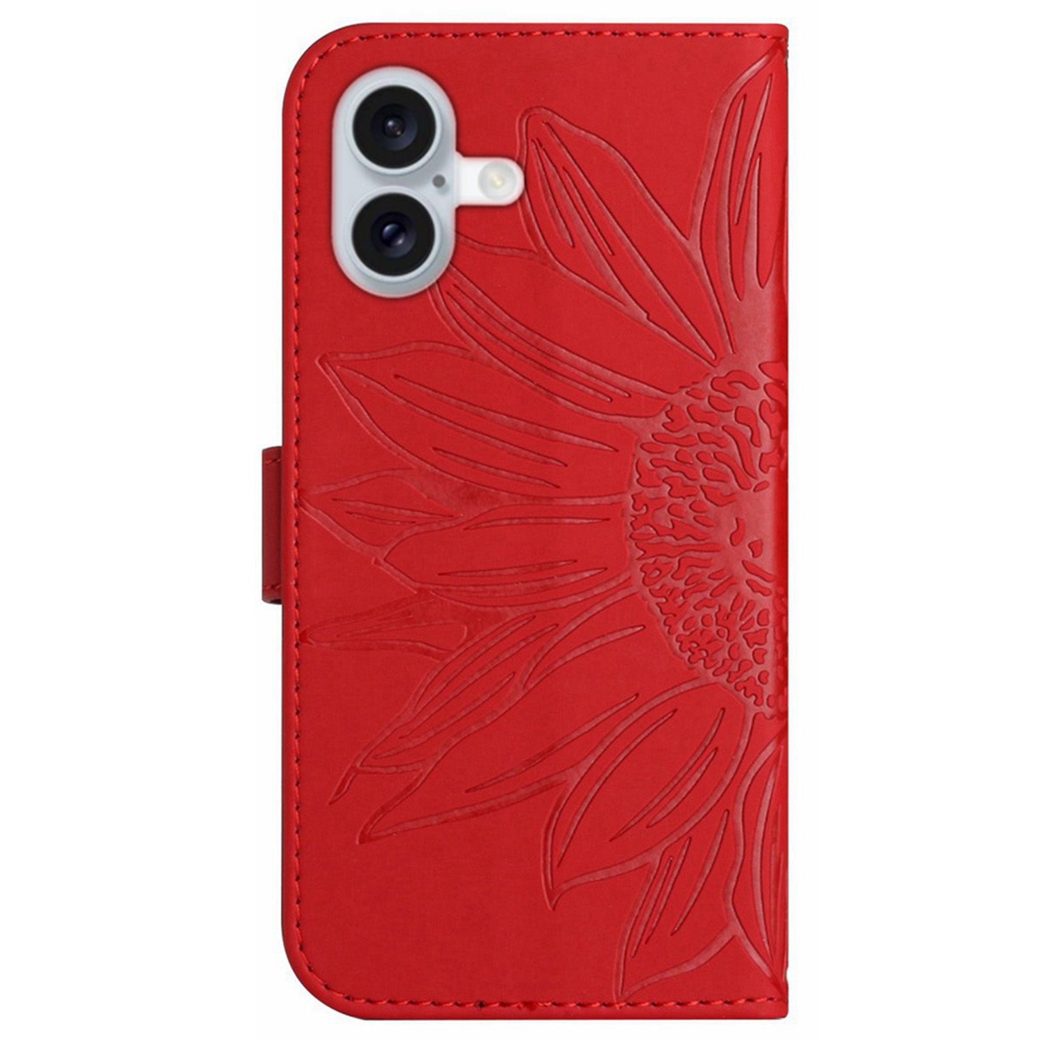 HT04 For iPhone 16 Plus Wallet Case Sunflower Leather Flip Phone Cover with Hand Strap - Red