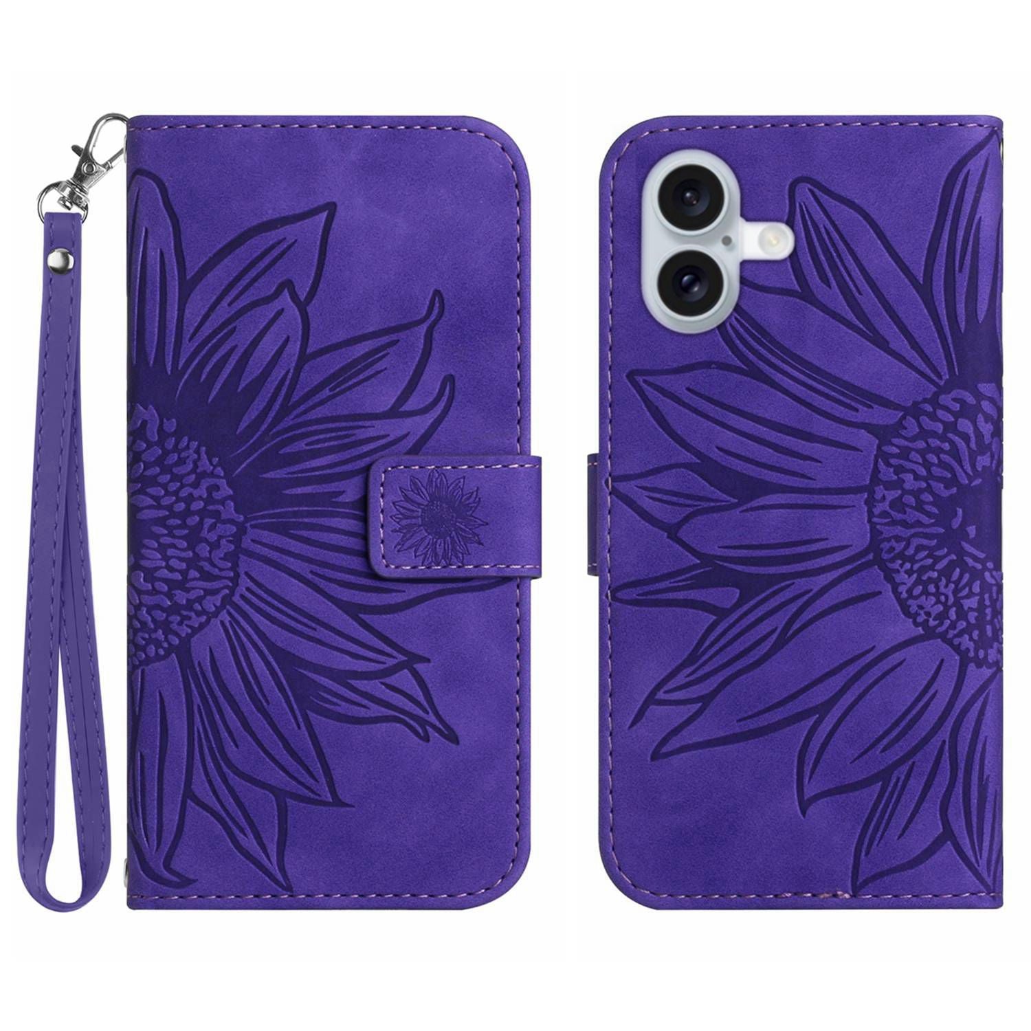 HT04 For iPhone 16 Plus Wallet Case Sunflower Leather Flip Phone Cover with Hand Strap - Dark Purple