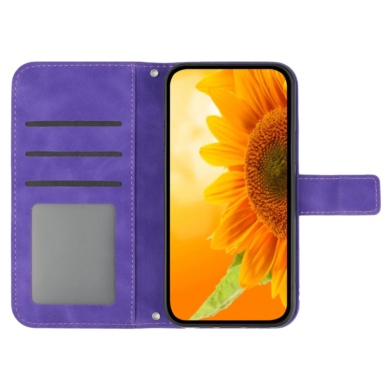 HT04 For iPhone 16 Plus Wallet Case Sunflower Leather Flip Phone Cover with Hand Strap - Dark Purple