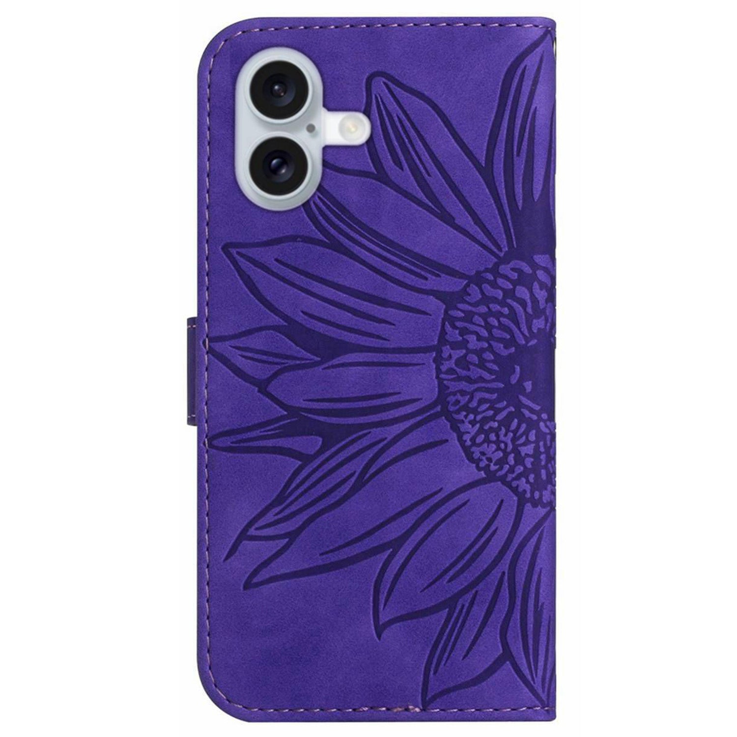 HT04 For iPhone 16 Plus Wallet Case Sunflower Leather Flip Phone Cover with Hand Strap - Dark Purple