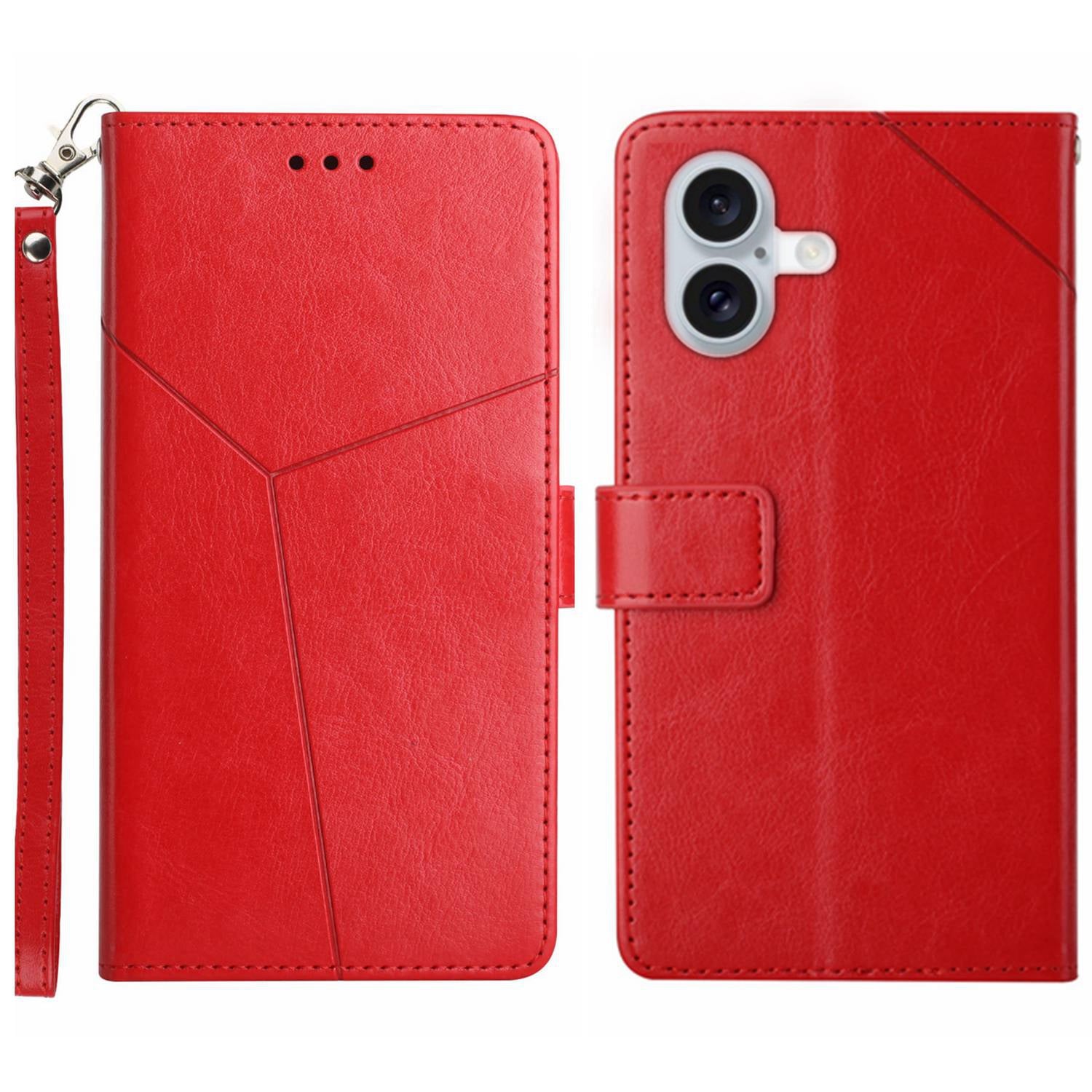 HT01 For iPhone 16 Plus Case Flip Leather Wallet Phone Cover with Y-Shaped Lines - Red