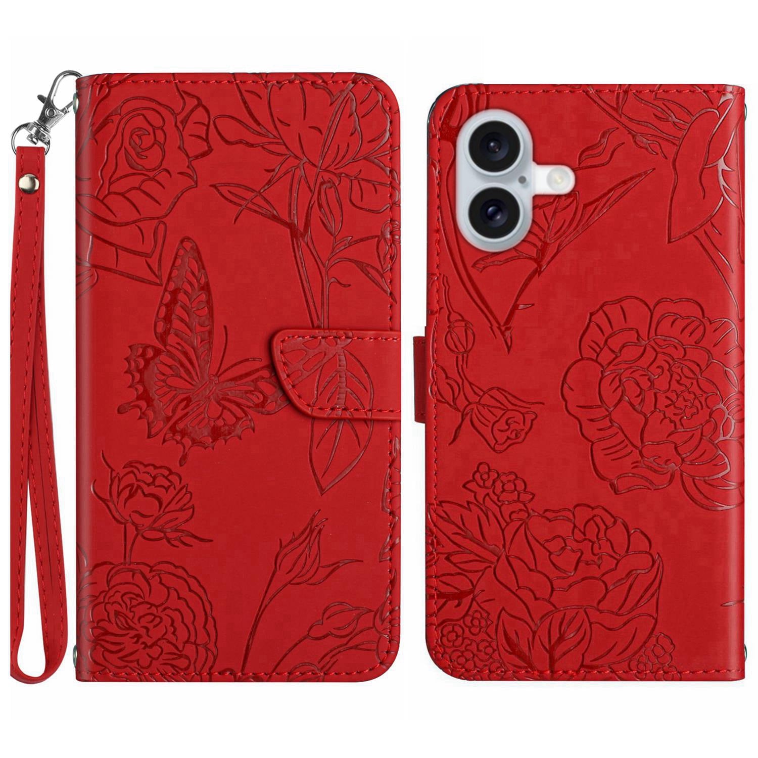 HT03 For iPhone 16 Stand Case PU Leather Phone Cover Butterfly Flower Imprinted - Red