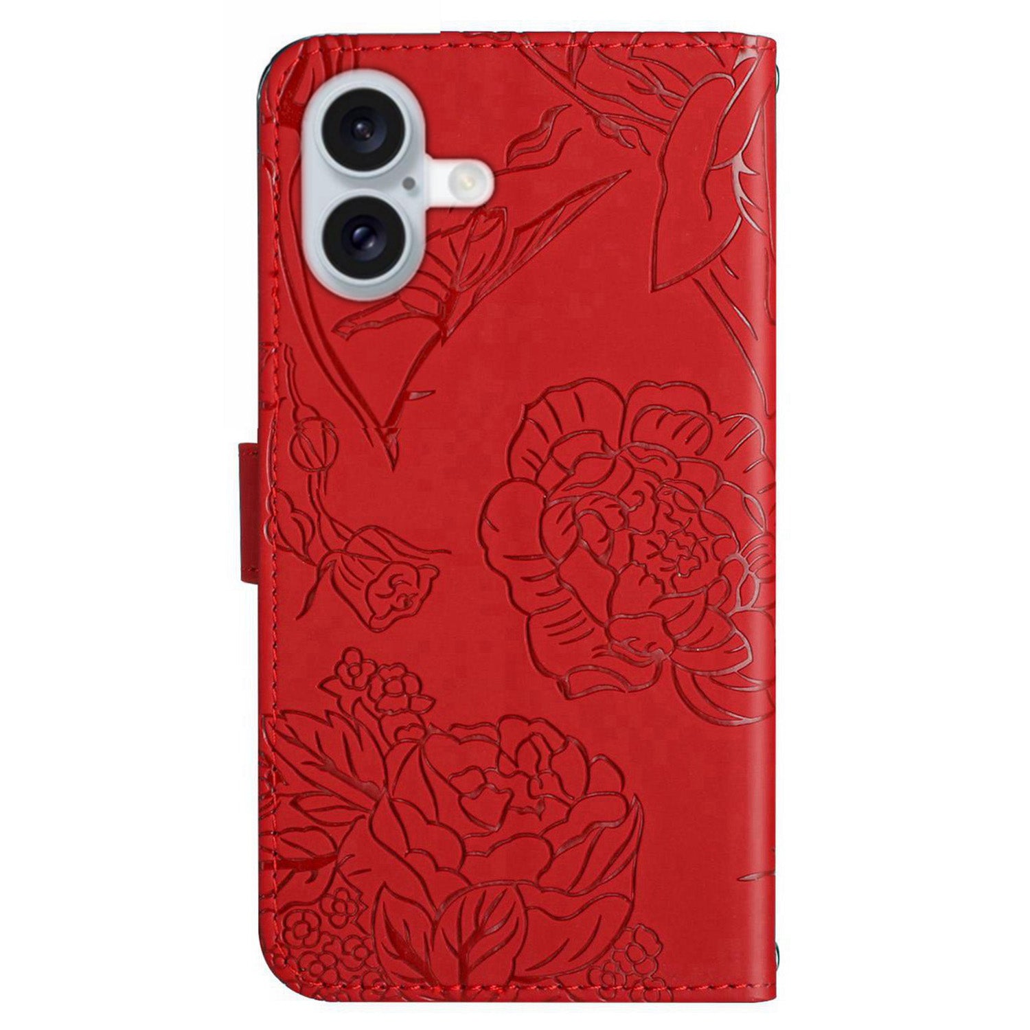 HT03 For iPhone 16 Stand Case PU Leather Phone Cover Butterfly Flower Imprinted - Red