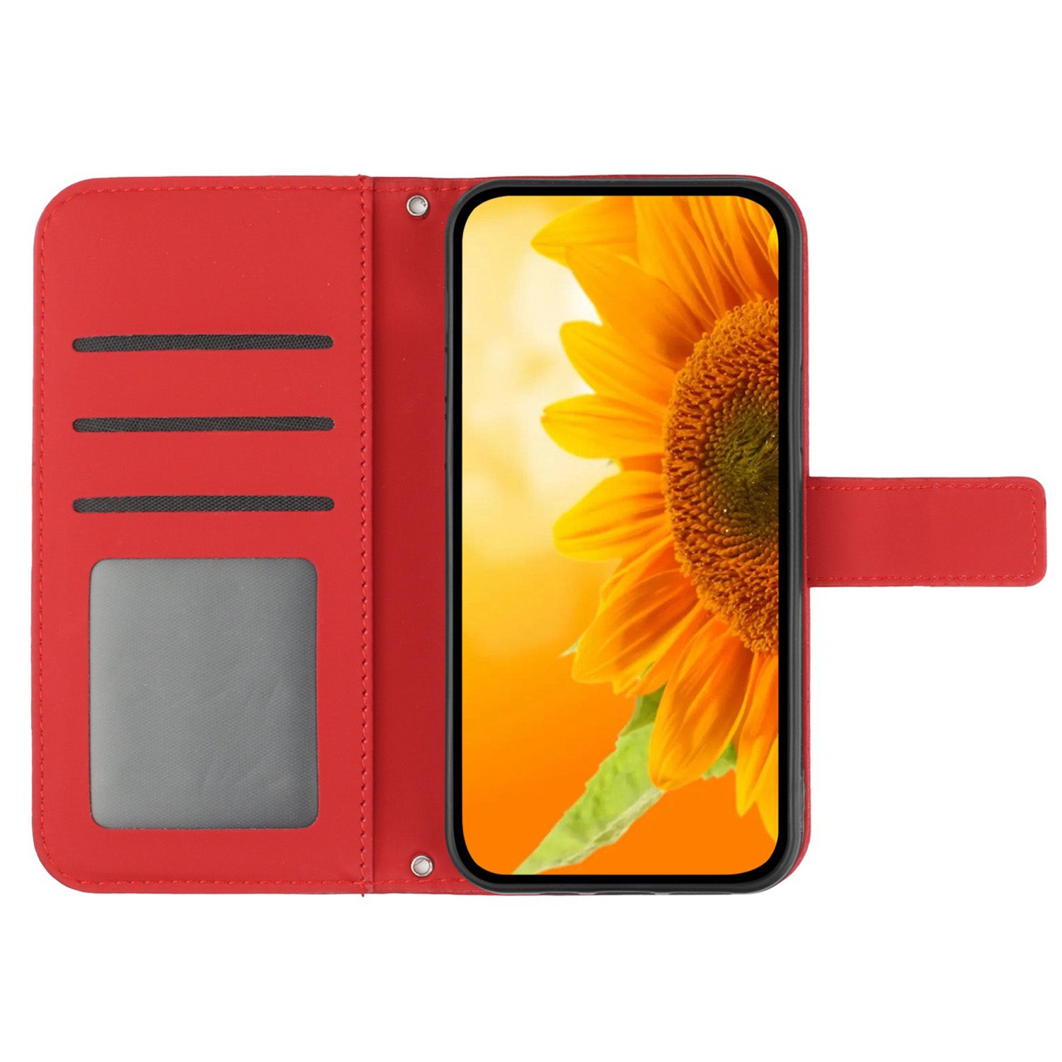 HT04 For iPhone 16 Case Sunflower Skin-Feel Leather Phone Cover with Shoulder Strap - Red