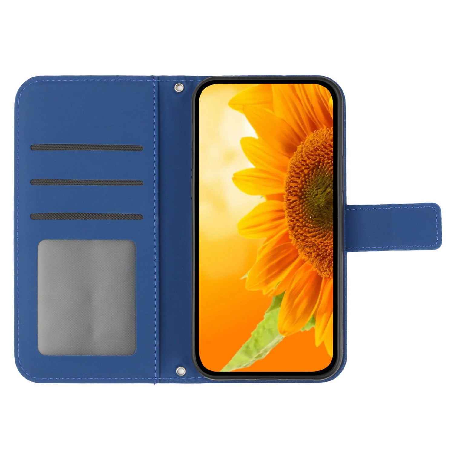 HT04 For iPhone 16 Case Sunflower Skin-Feel Leather Phone Cover with Shoulder Strap - Sapphire