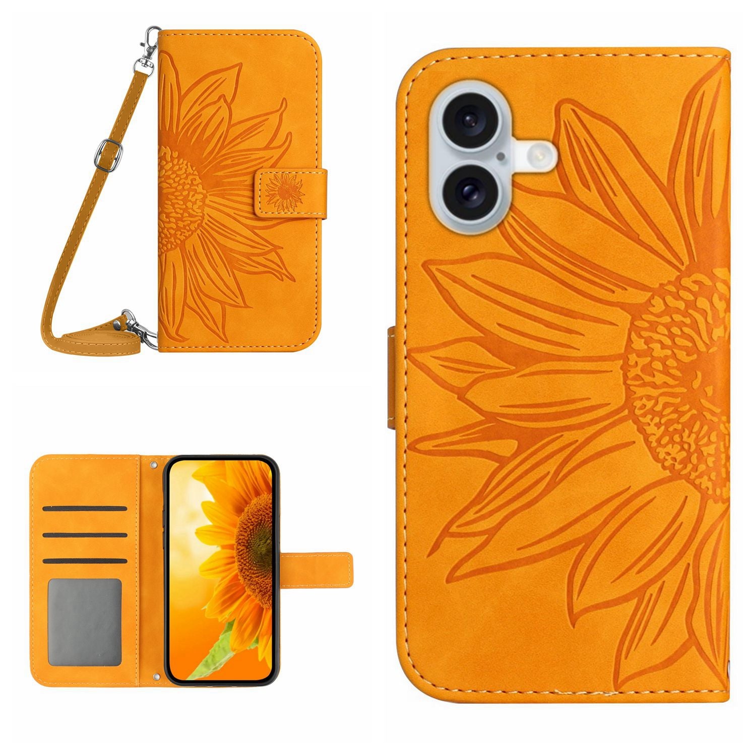 HT04 For iPhone 16 Case Sunflower Skin-Feel Leather Phone Cover with Shoulder Strap - Yellow