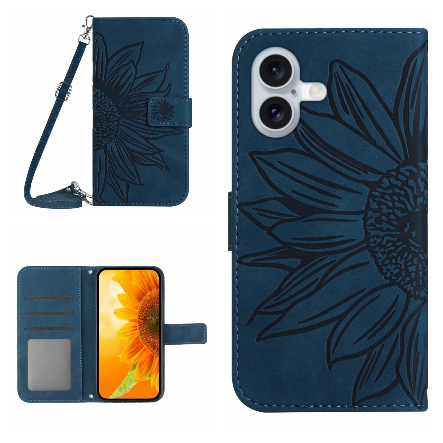 HT04 For iPhone 16 Case Sunflower Skin-Feel Leather Phone Cover with Shoulder Strap - Dark Blue