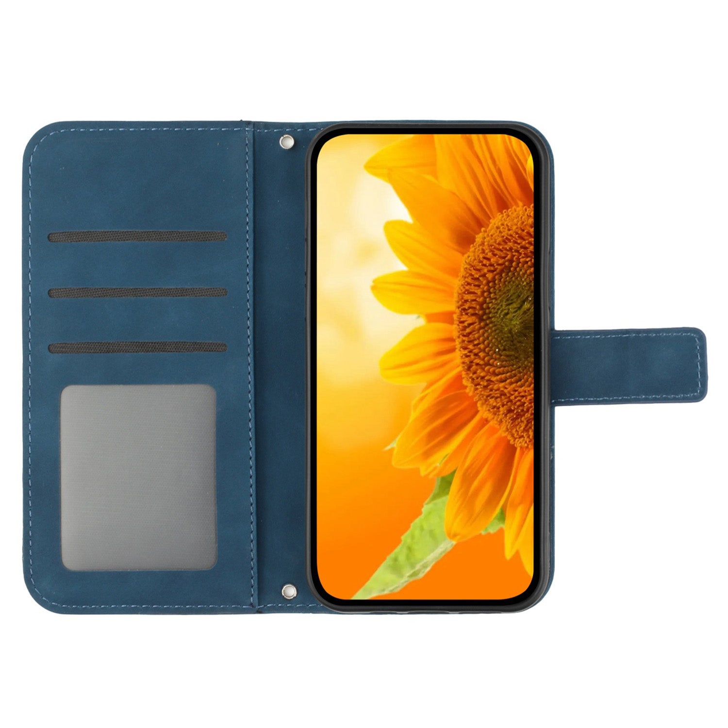 HT04 For iPhone 16 Case Sunflower Skin-Feel Leather Phone Cover with Shoulder Strap - Dark Blue