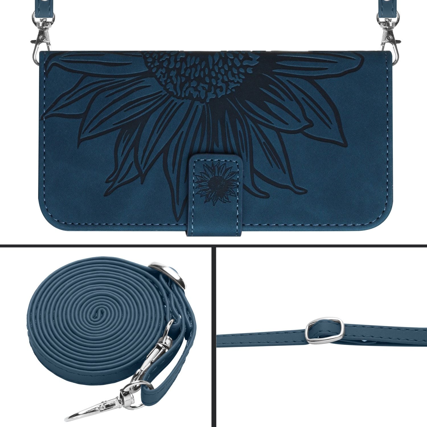 HT04 For iPhone 16 Case Sunflower Skin-Feel Leather Phone Cover with Shoulder Strap - Dark Blue