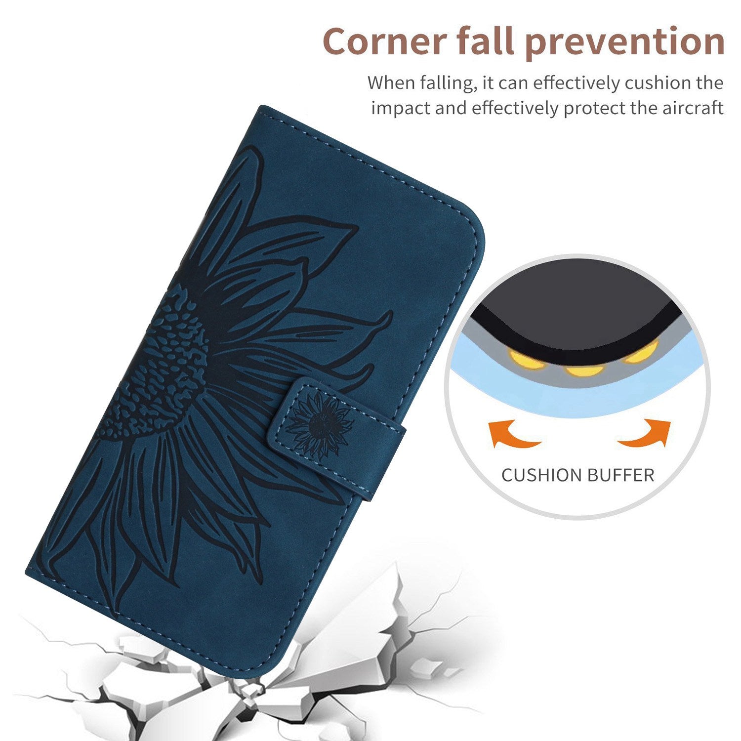 HT04 For iPhone 16 Case Sunflower Skin-Feel Leather Phone Cover with Shoulder Strap - Dark Blue