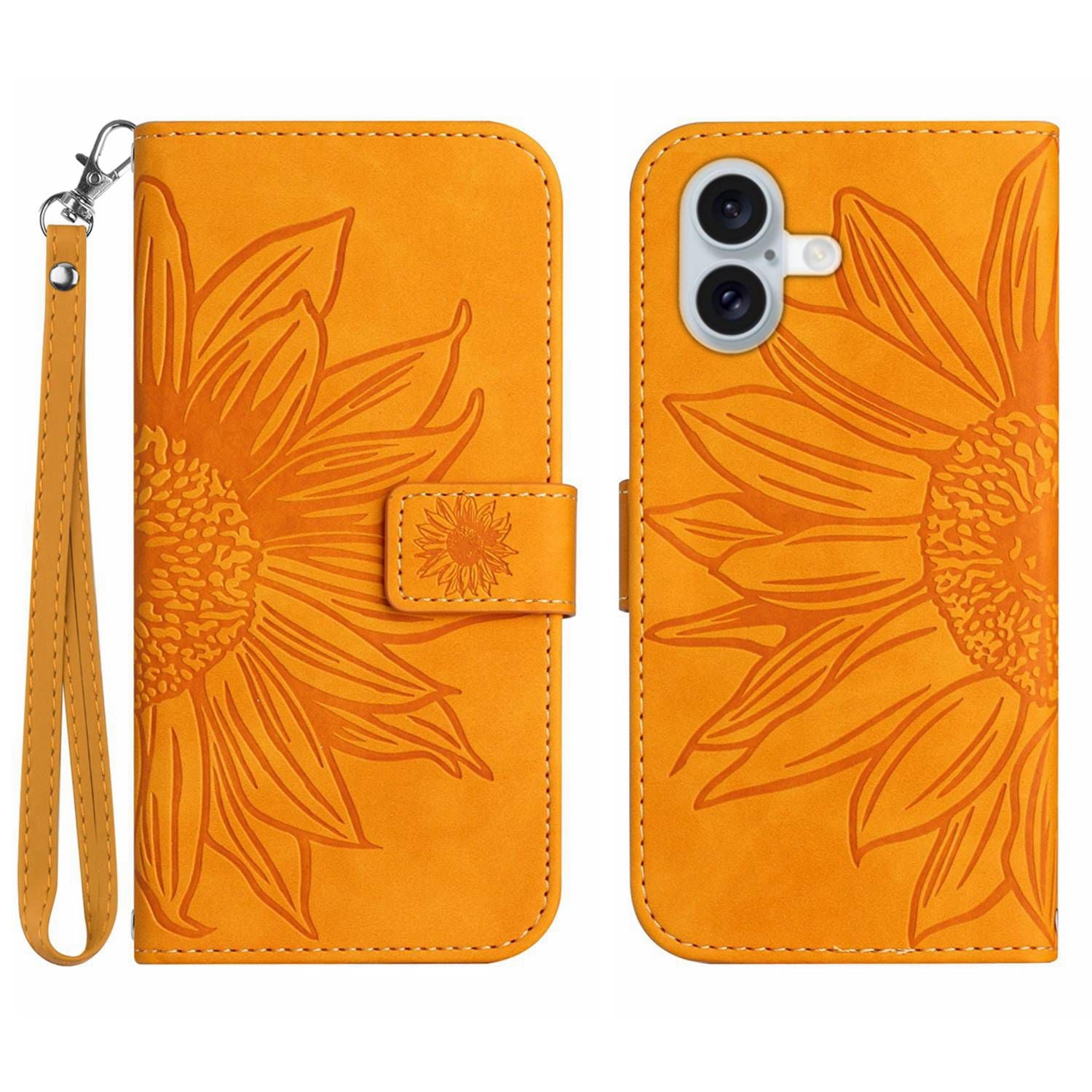 HT04 For iPhone 16 Case Sunflower Imprint Leather Wallet Phone Cover with Hand Strap - Yellow