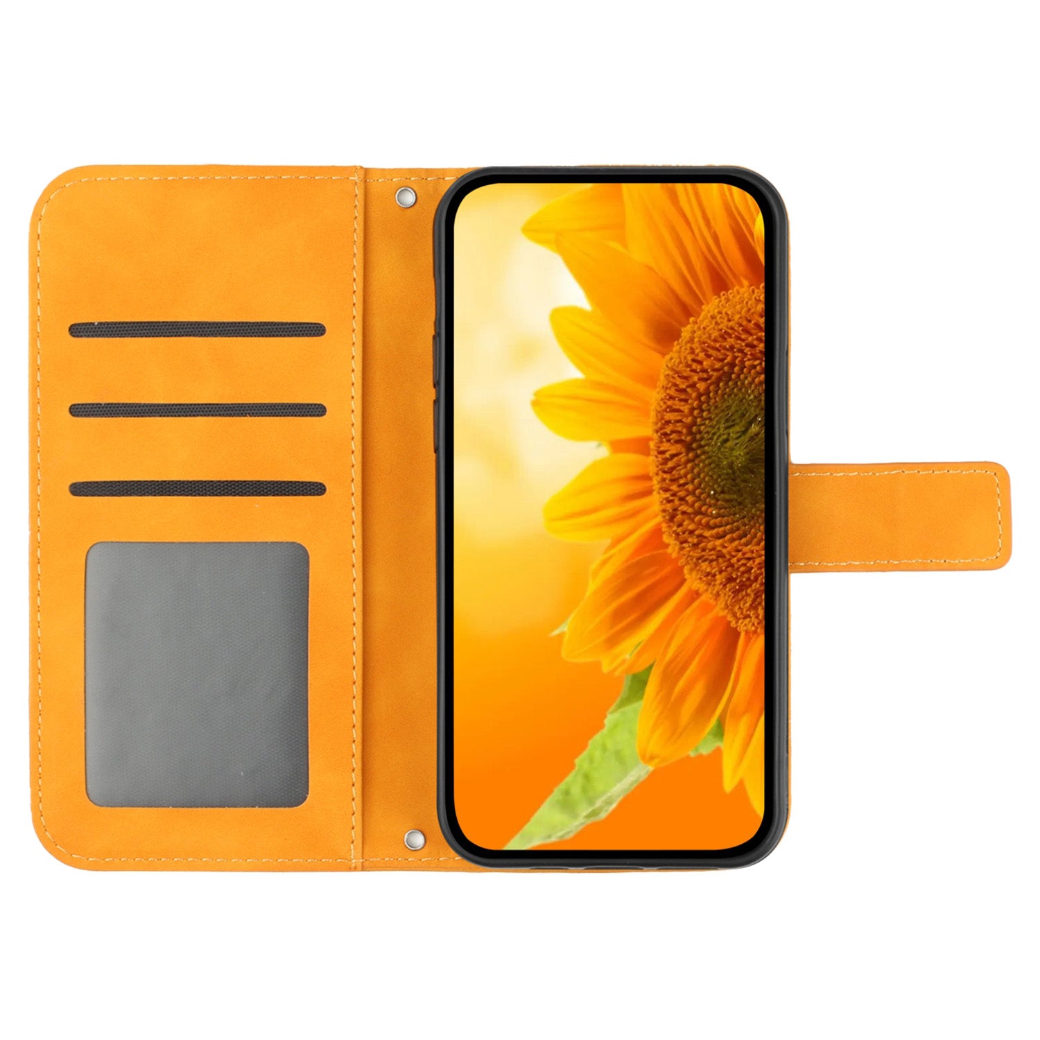 HT04 For iPhone 16 Case Sunflower Imprint Leather Wallet Phone Cover with Hand Strap - Yellow