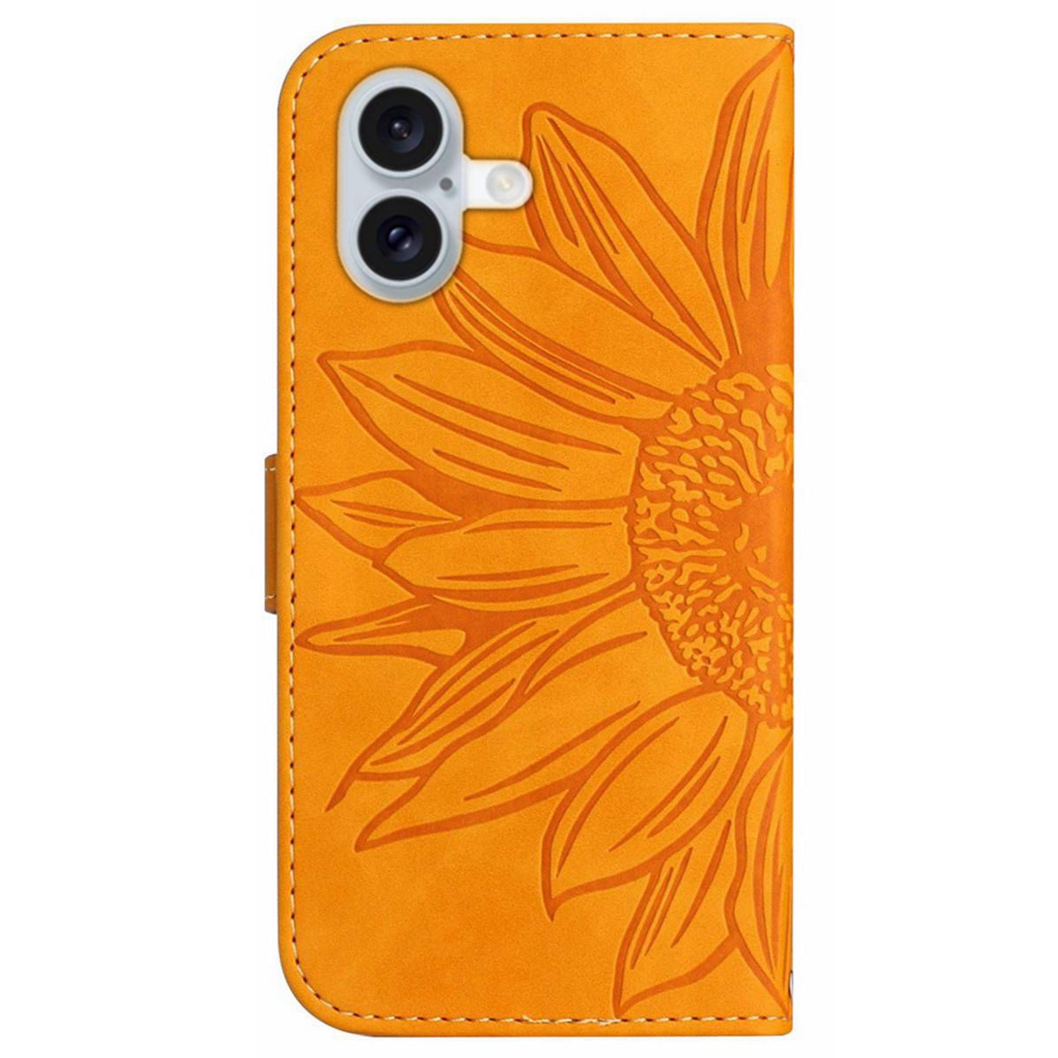 HT04 For iPhone 16 Case Sunflower Imprint Leather Wallet Phone Cover with Hand Strap - Yellow