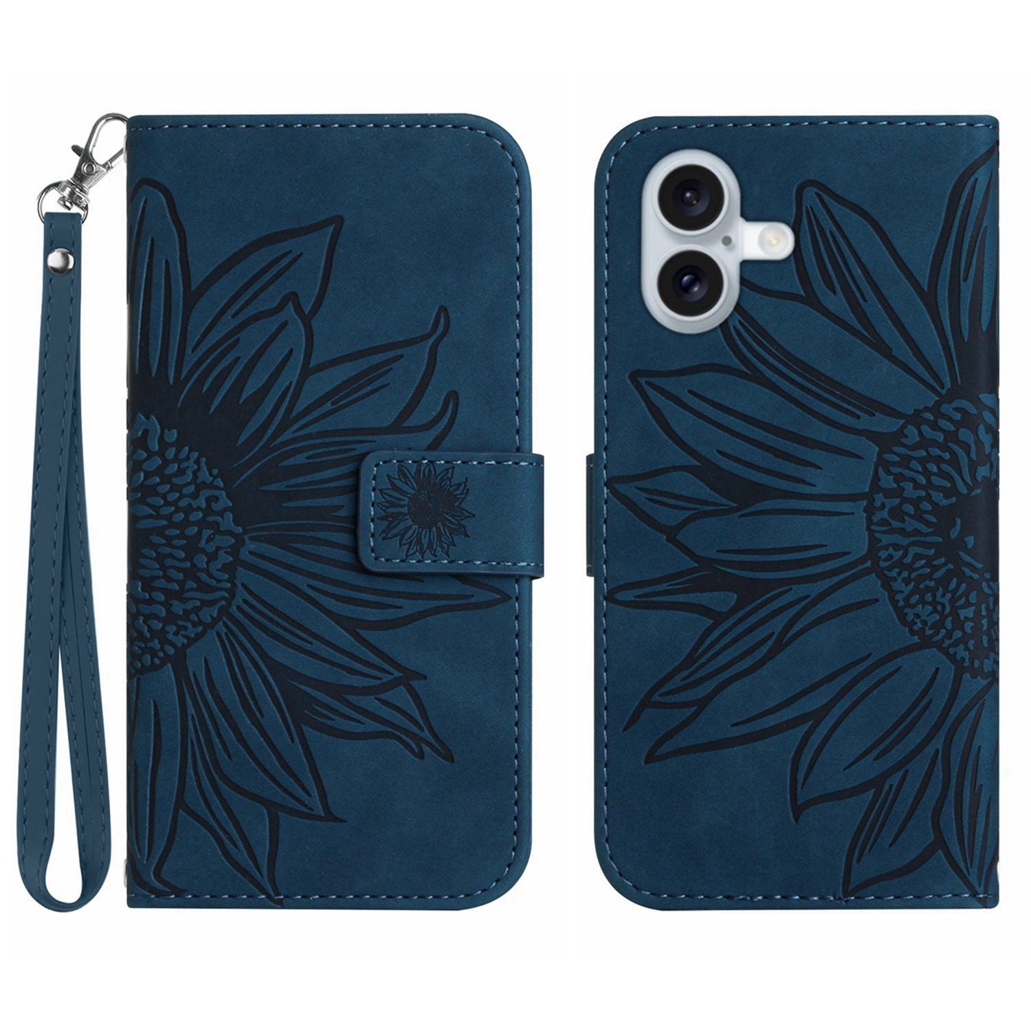 HT04 For iPhone 16 Case Sunflower Imprint Leather Wallet Phone Cover with Hand Strap - Dark Blue