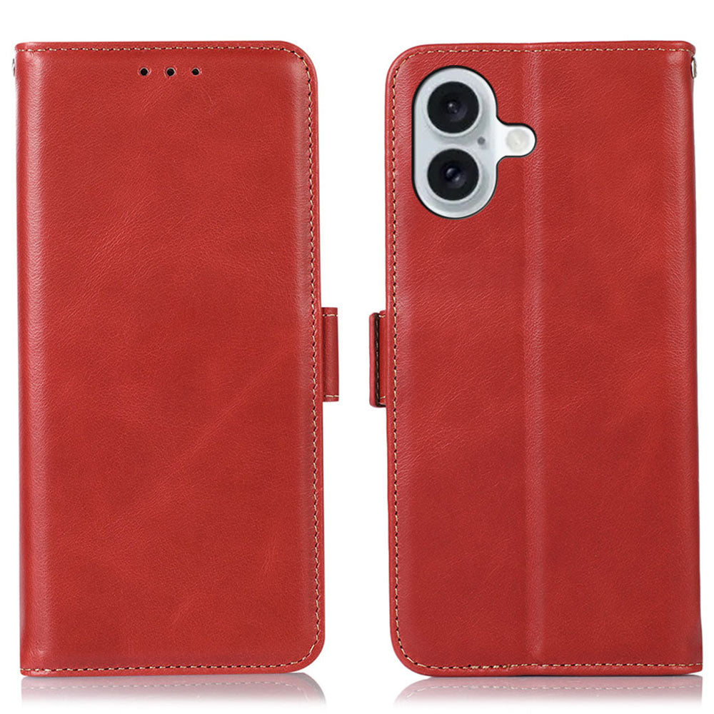 For iPhone 16 Case RFID Blocking Genuine Cow Leather Purse Flip Cover Crazy Horse Texture - Red